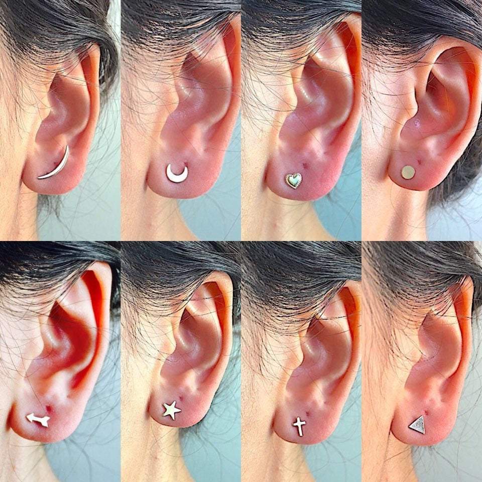 Wholesale 14k Gold Filled Earring Studs, Gold Fill Earrings, Heart, Crescent Moon, Star, Circle, Cross, Arrow, Chevron, Lightning Bolt, Triangle, Bulk Earrings