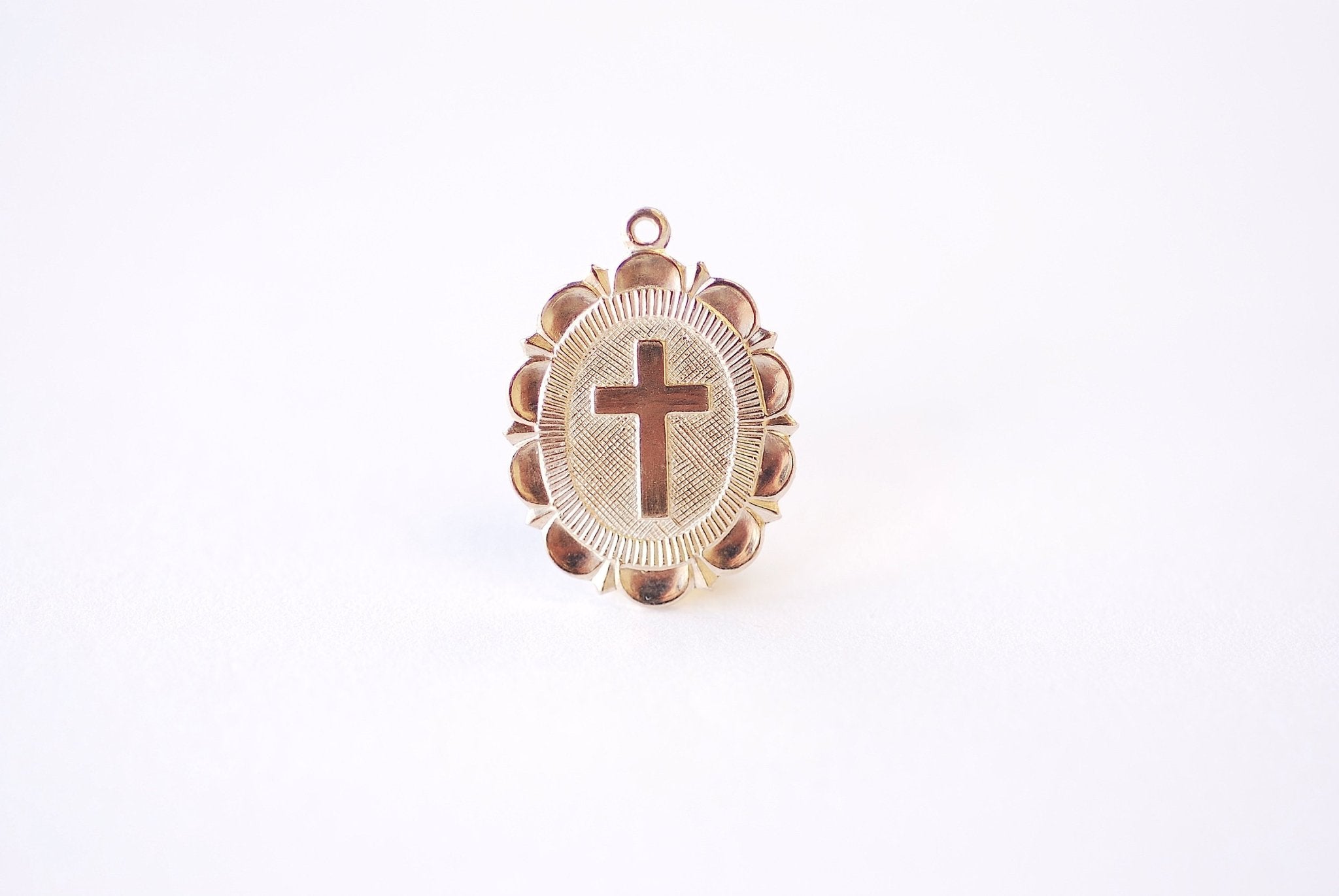 Scalloped Edge Oval Cross Pendant Charm, Wholesale, 14/20 Gold-Filled or 925 Sterling Silver, 21mm x 16mm, Religious Catholic
