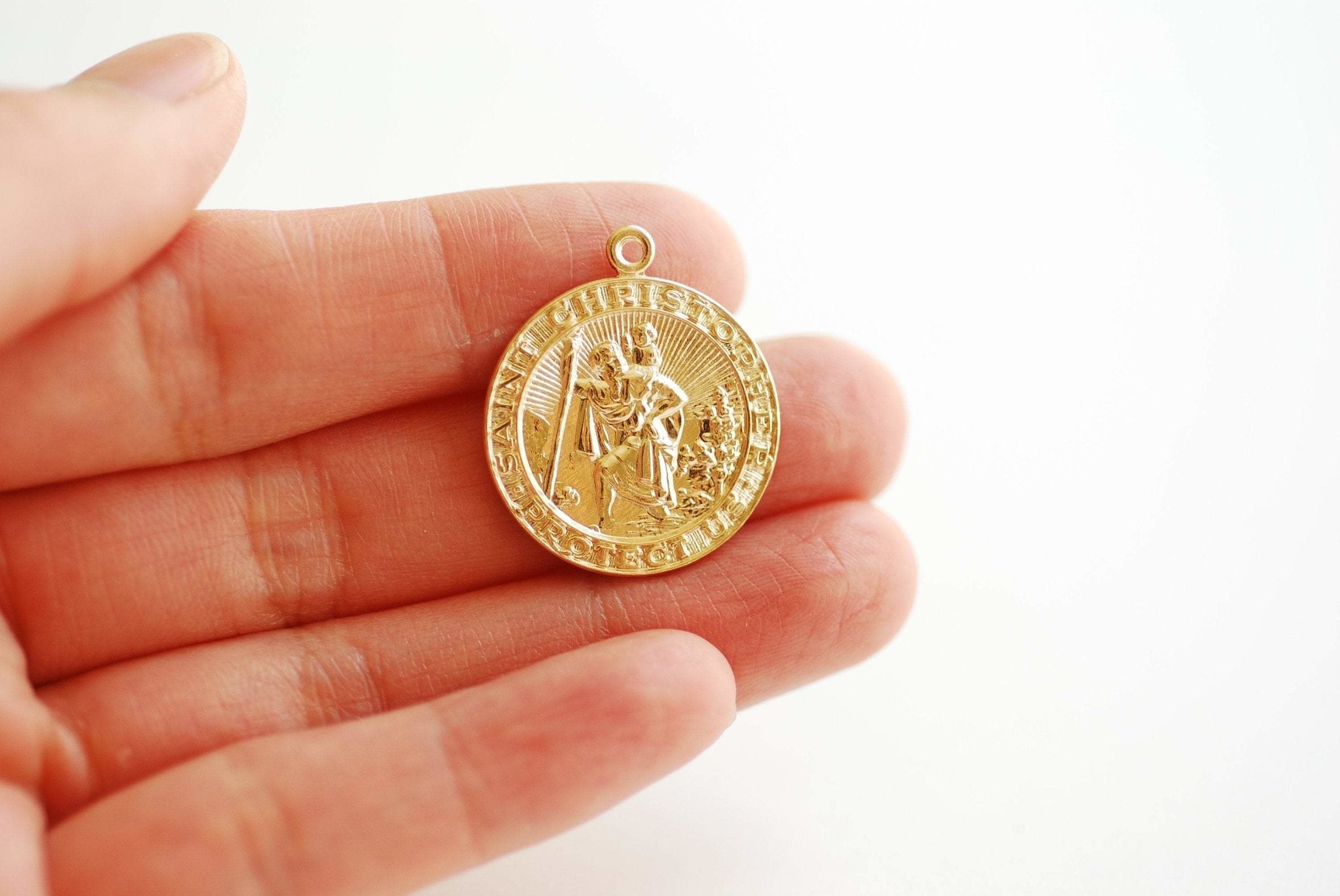 Saint Christopher Pendant, Wholesale, 14/20 Gold-Filled or 925 Sterling Silver, 22mm, Round Patron Saint Religious Catholic Medallion Coin