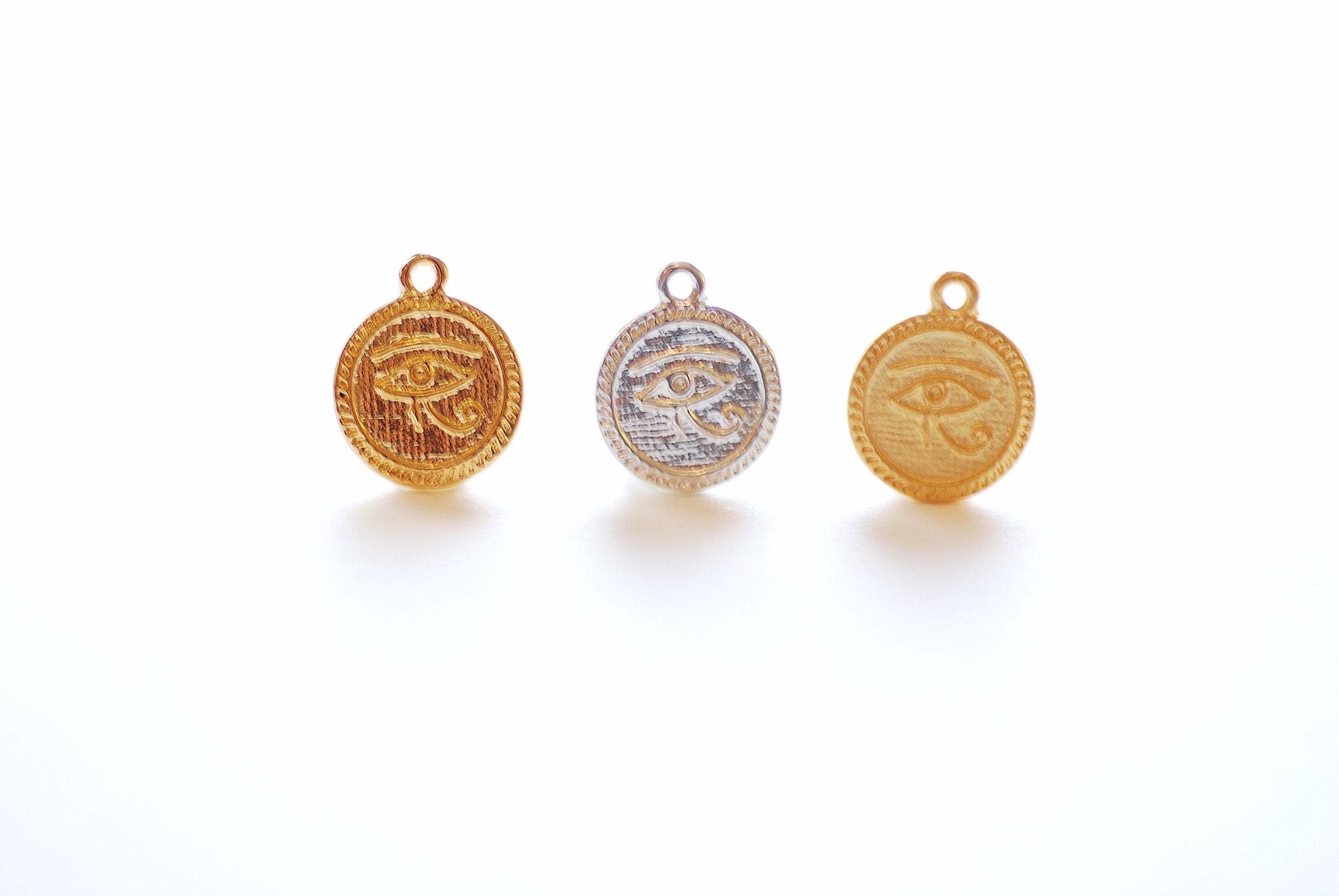 15mm Evil Eye Circle Disc Charm - 18k Gold plated vermeil over 925 Sterling Silver, Eye of Horus Charm, Eye of Ra, Round Small Pendant, 499