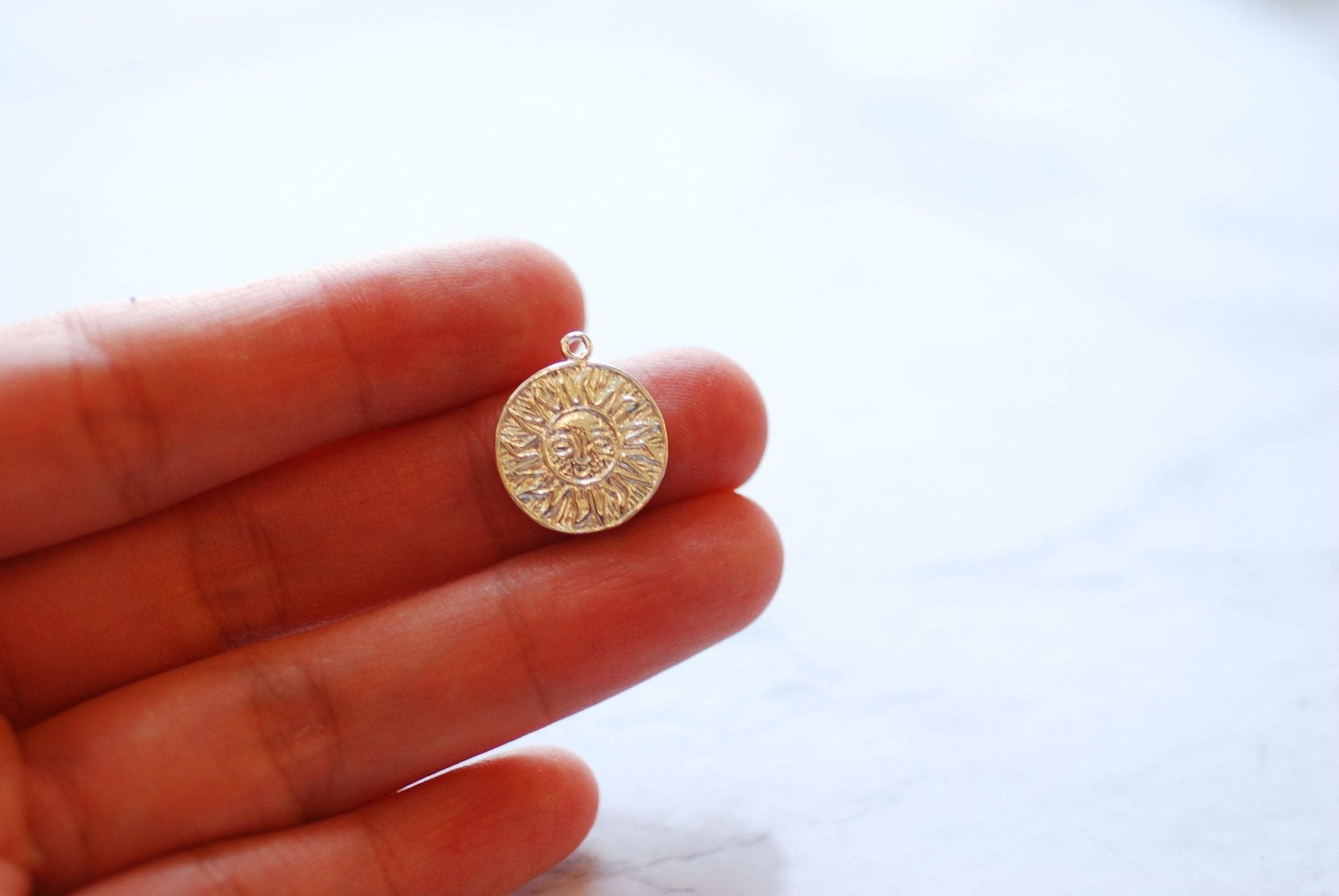 15mm Sun Circle Disc Charm, 18K Gold-Plated over 925 Sterling Silver, Gold Sunshine Charm, Round Disc Charm, Sun Pendant