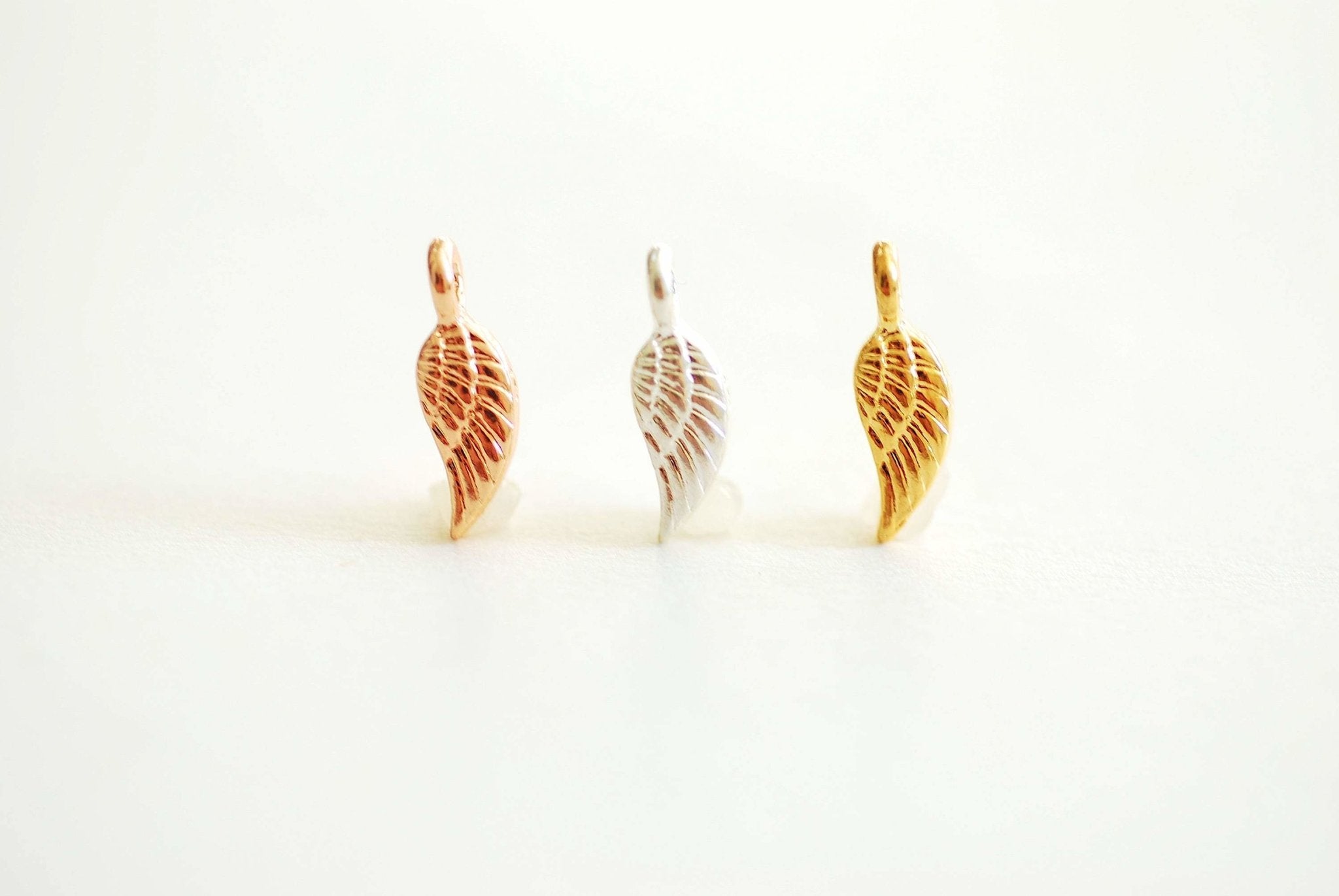 Angel Wing Charm, Wholesale, 18K Gold-Plated 925 Sterling Silver, 16mm x 5mm, Tiny Feather Bird Wing