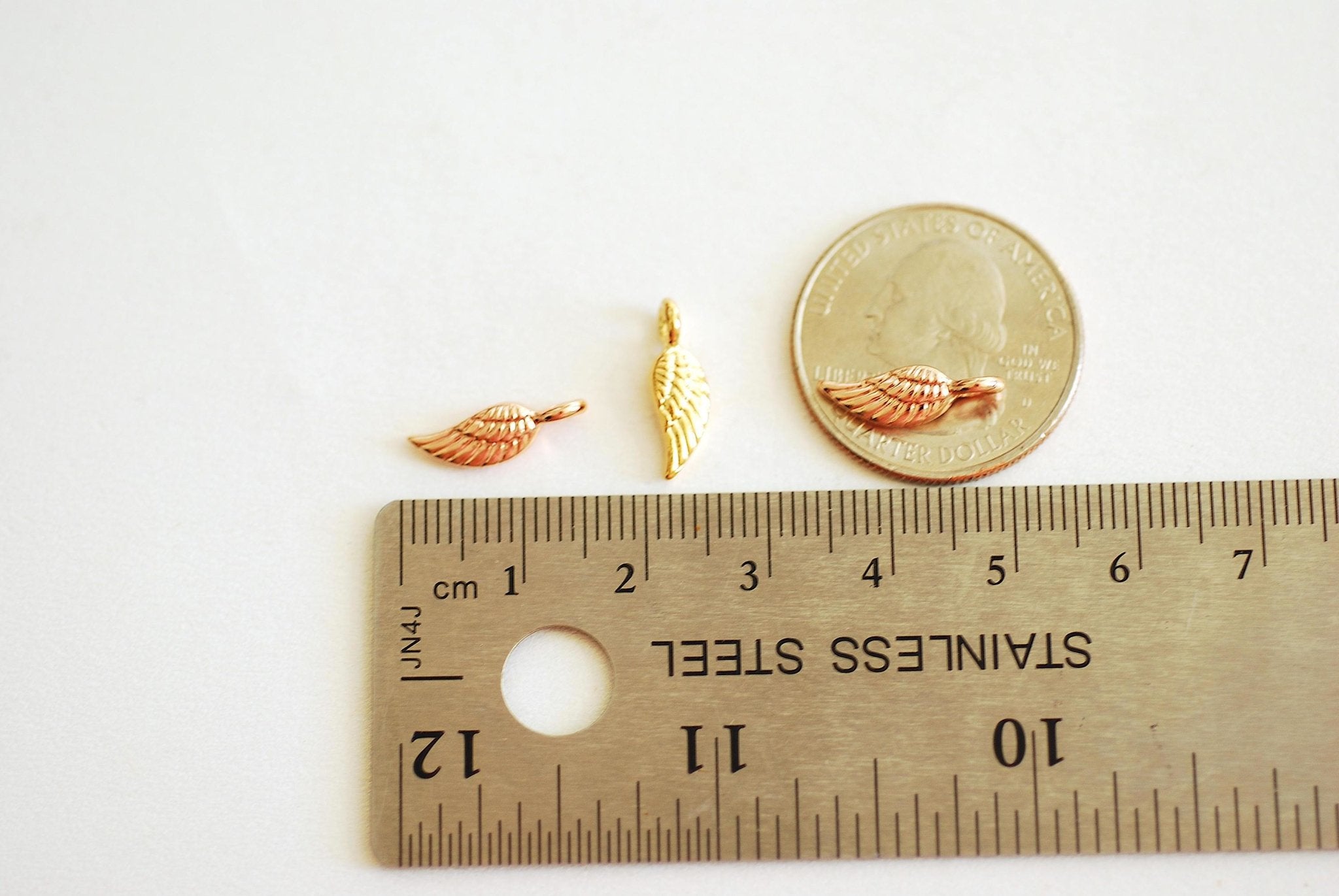 Angel Wing Charm, Wholesale, 18K Gold-Plated 925 Sterling Silver, 16mm x 5mm, Tiny Feather Bird Wing