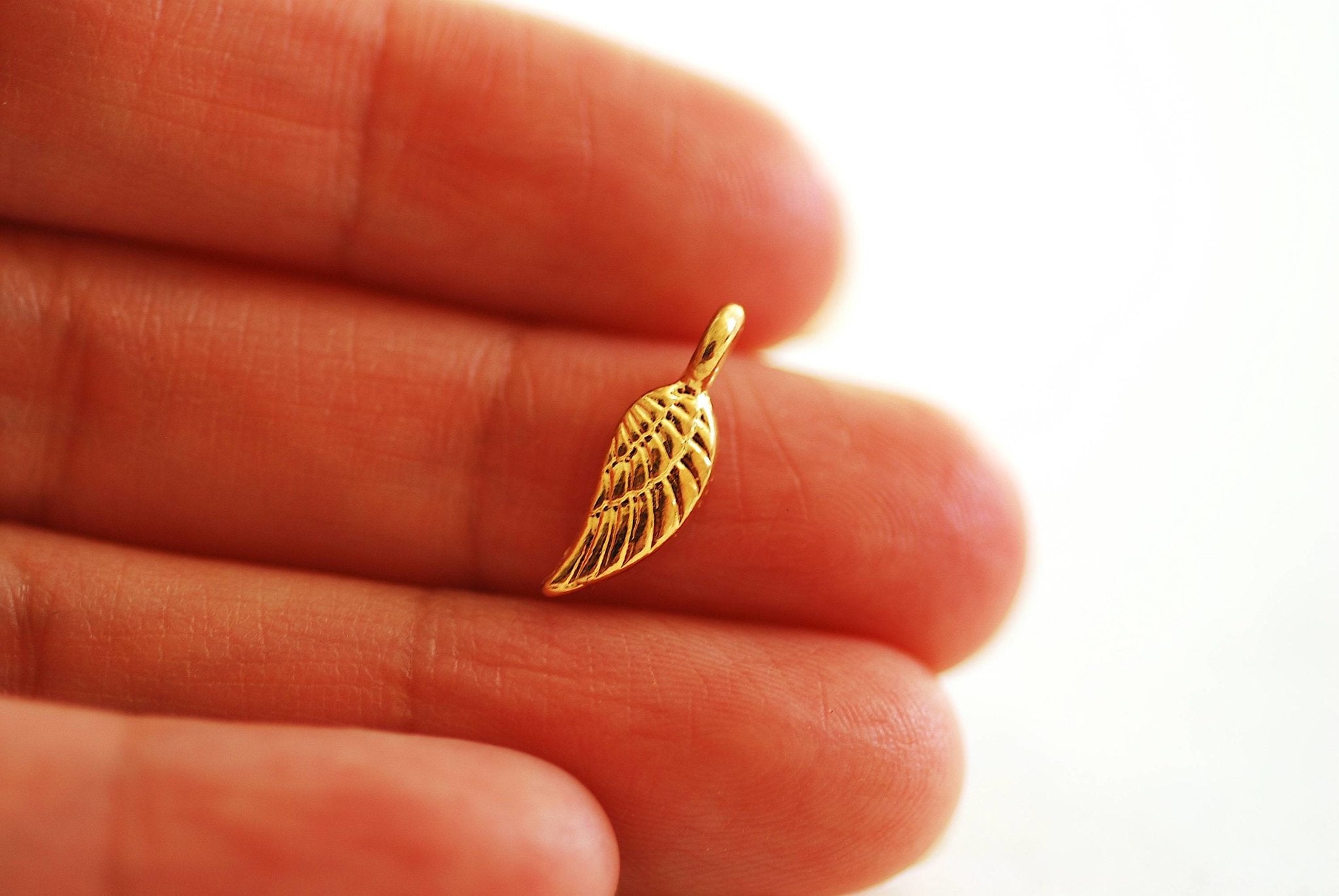 Angel Wing Charm, Wholesale, 18K Gold-Plated 925 Sterling Silver, 16mm x 5mm, Tiny Feather Bird Wing