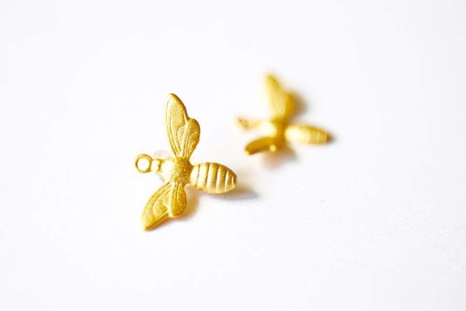 Bee Charm, Wholesale, 18K Matte Yellow Gold-Plated 925 Sterling Silver, 16mm x 12mm, Honeybee Bumblebee Insect Charm