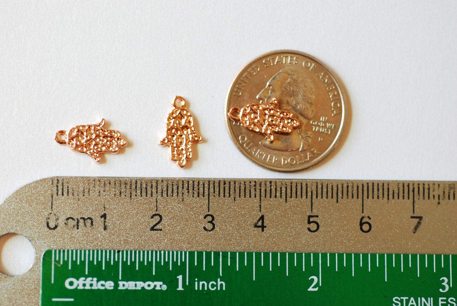 Hamsa Hand Charm, Wholesale, 18K Rose Gold-Plated 925 Sterling Silver, 15mm x 9mm, Fatima Good Luck Yoga Evil Eye