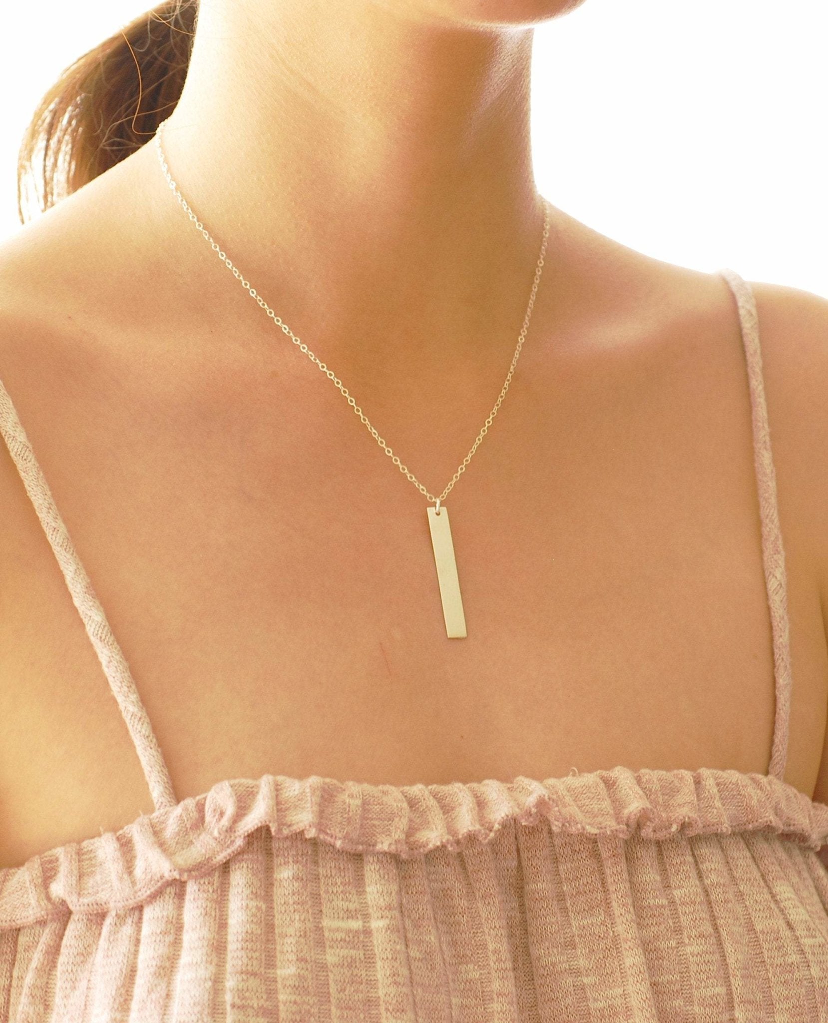 925 Sterling Silver Personalized Vertical Bar Necklace ~ Custom Engraving Service ~ Names, Date, Initials, Locations, Birthday - HarperCrown