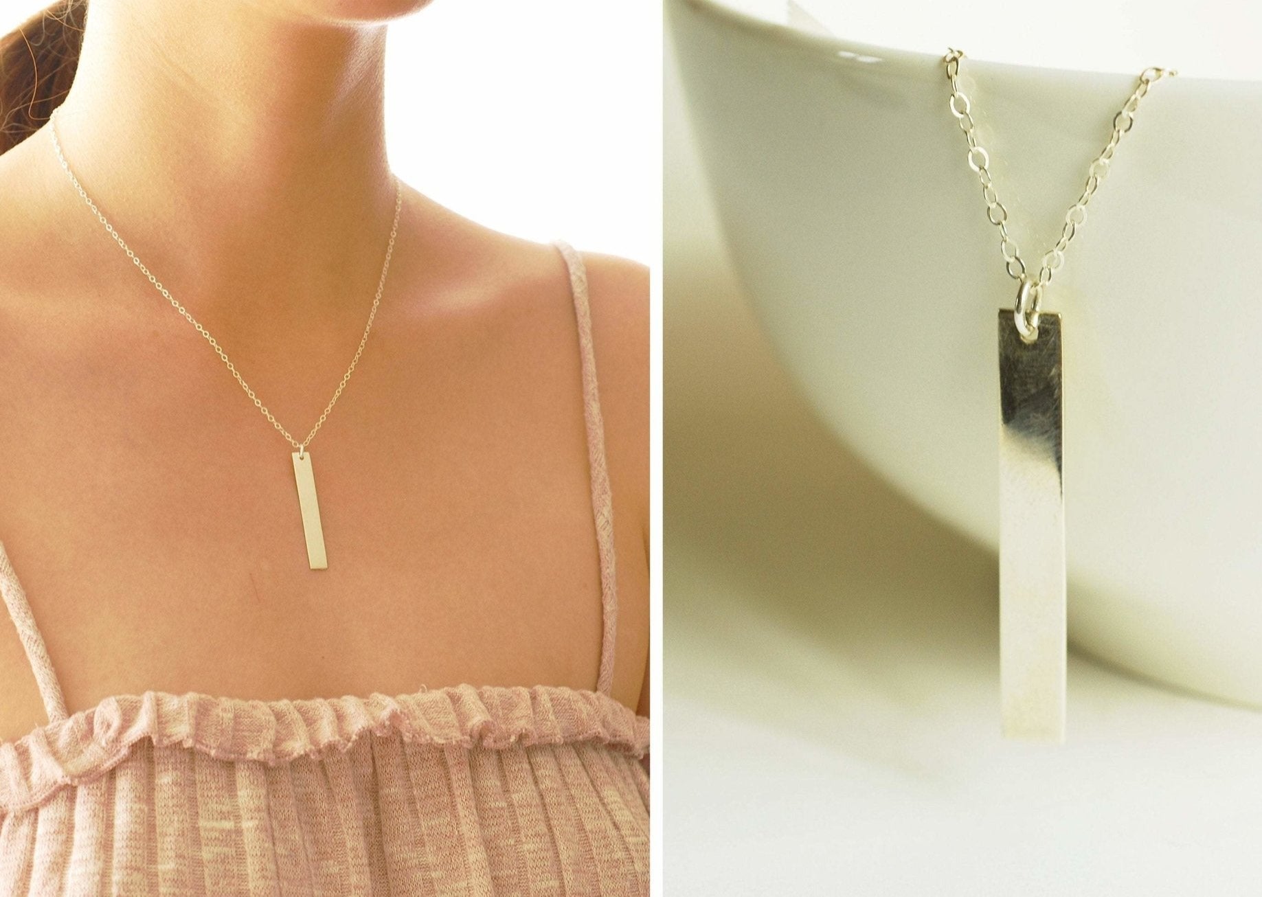 925 Sterling Silver Personalized Vertical Bar Necklace ~ Custom Engraving Service ~ Names, Date, Initials, Locations, Birthday - HarperCrown
