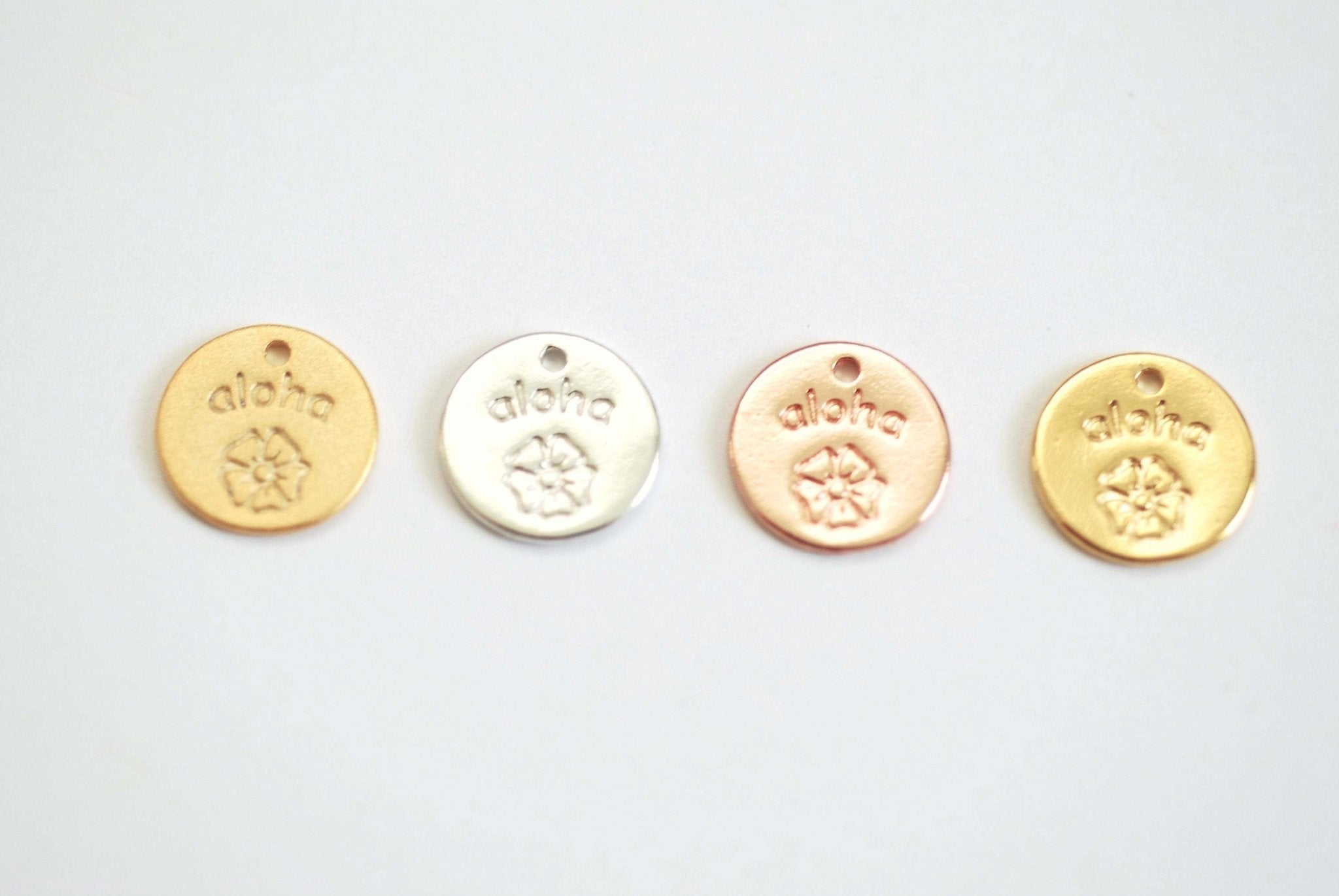 Aloha Disc Charm- 22k Gold Plated Sterling Silver Hawaiian Aloha Charm, Plumeria Charm, Vermeil Gold Disc, Rose Gold Aloha Tag, Tropical,376 - HarperCrown