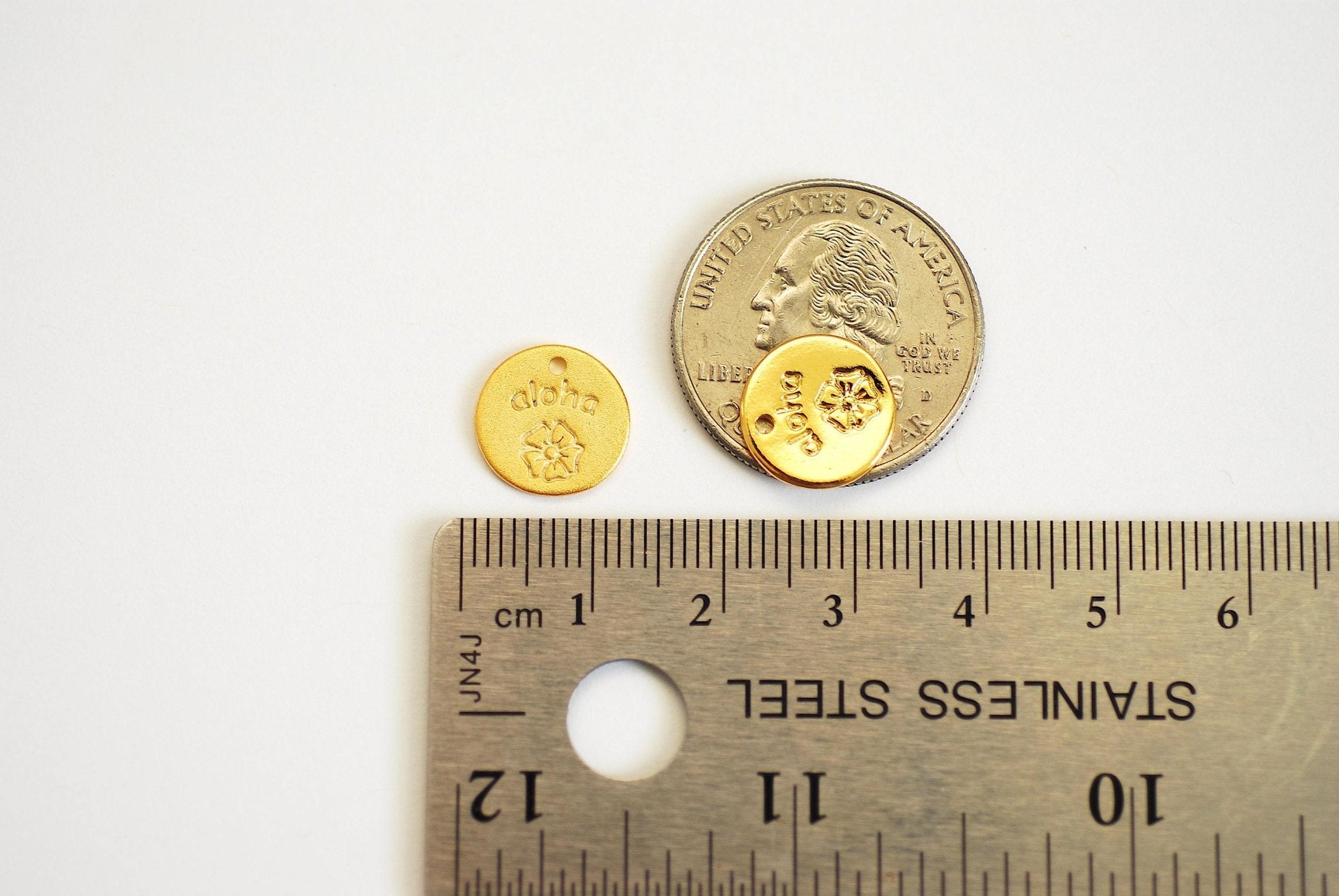 Aloha Disc Charm- 22k Gold Plated Sterling Silver Hawaiian Aloha Charm, Plumeria Charm, Vermeil Gold Disc, Rose Gold Aloha Tag, Tropical,376 - HarperCrown