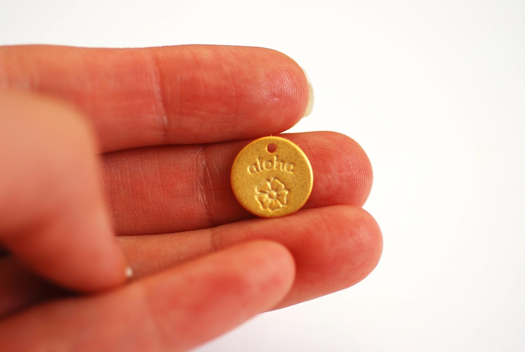 Aloha Disc Charm- 22k Gold Plated Sterling Silver Hawaiian Aloha Charm, Plumeria Charm, Vermeil Gold Disc, Rose Gold Aloha Tag, Tropical,376 - HarperCrown