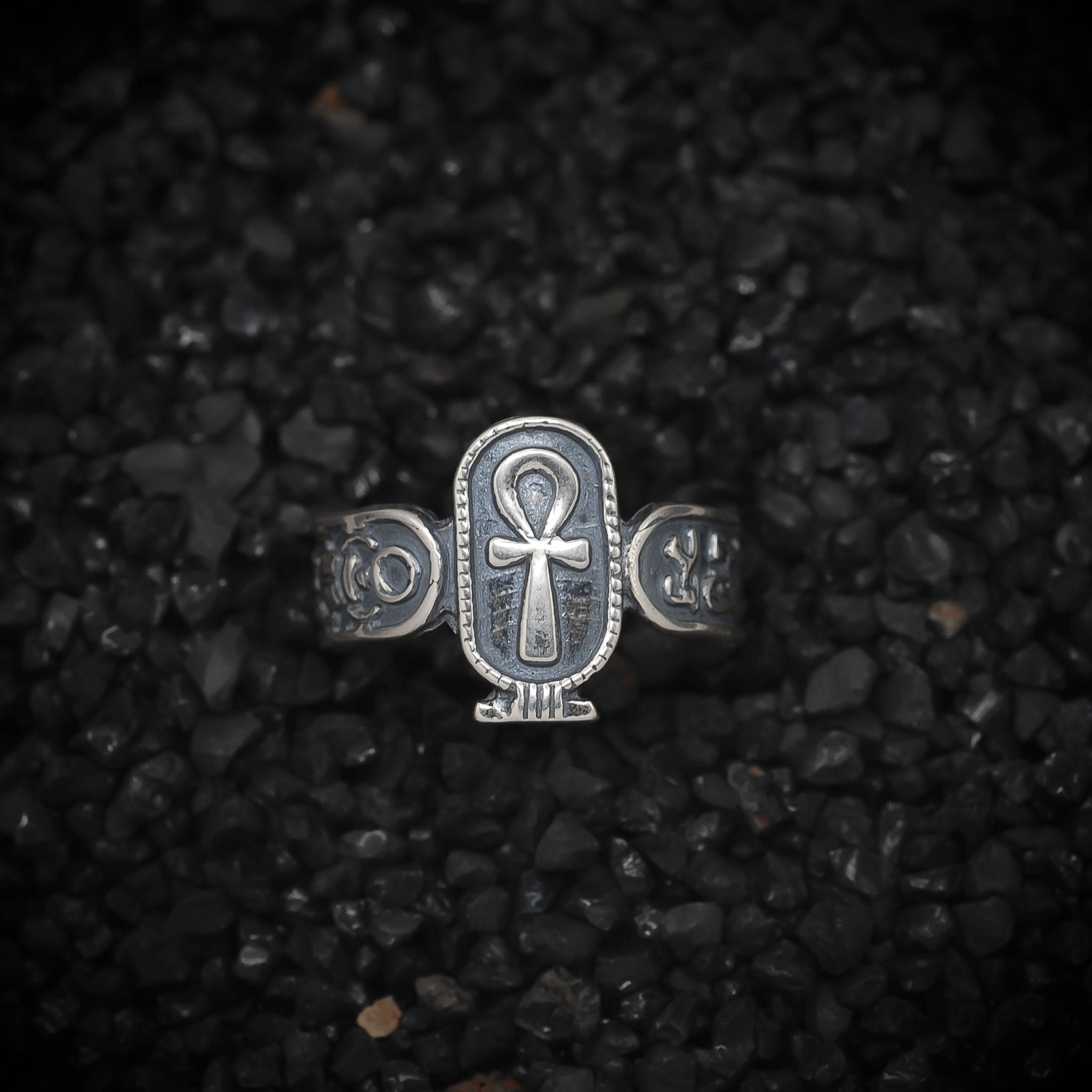 Ankh Key of Eternal Life Band Ring Hieroglyphics Ancient Egyptian | 925 Sterling Silver, Oxidized or 18K Gold Plated | Adjustable Size - HarperCrown