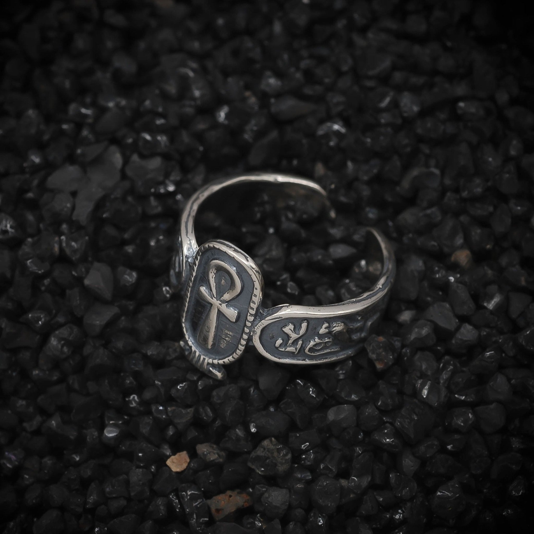Ankh Key of Eternal Life Band Ring Hieroglyphics Ancient Egyptian | 925 Sterling Silver, Oxidized or 18K Gold Plated | Adjustable Size - HarperCrown