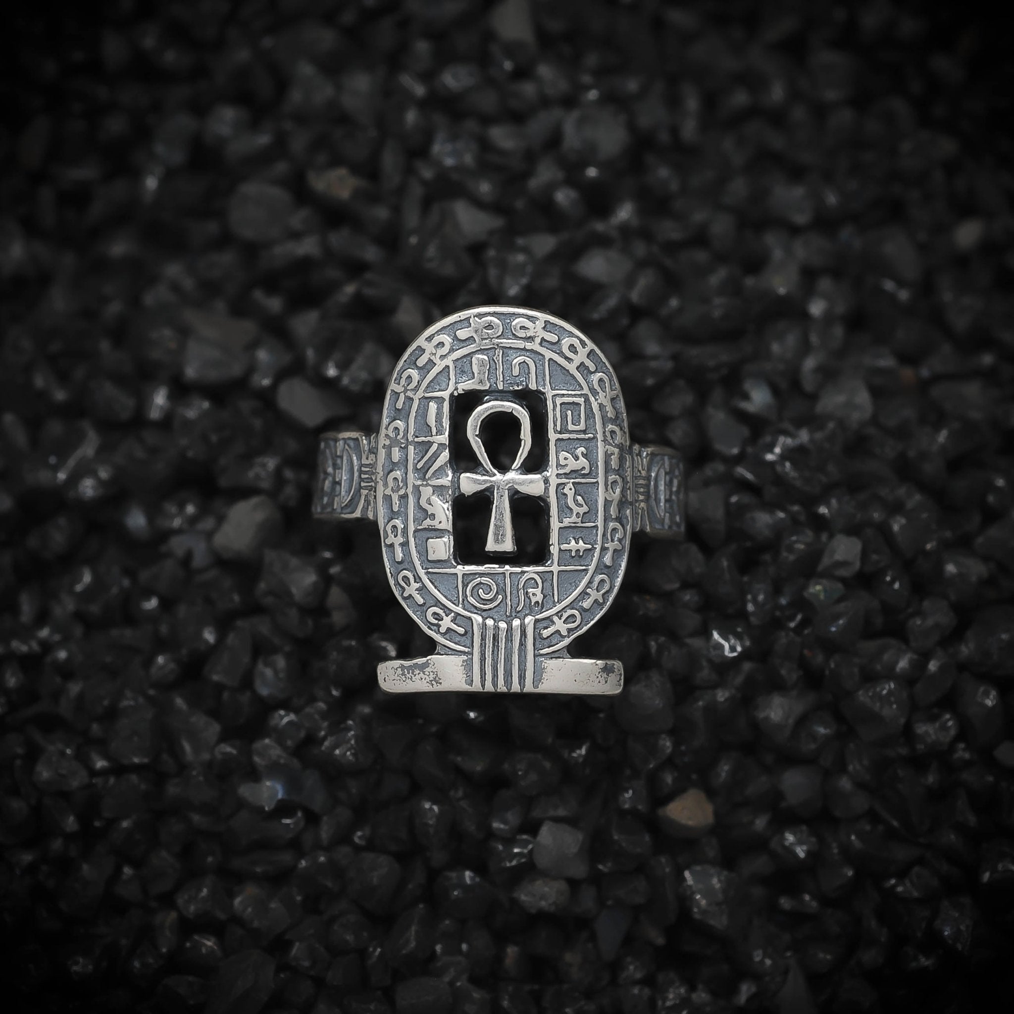 Ankh Key of Eternal Life Ring Hieroglyphics Ancient Egyptian | 925 Sterling Silver, Oxidized or 18K Gold Plated | Adjustable Size - HarperCrown