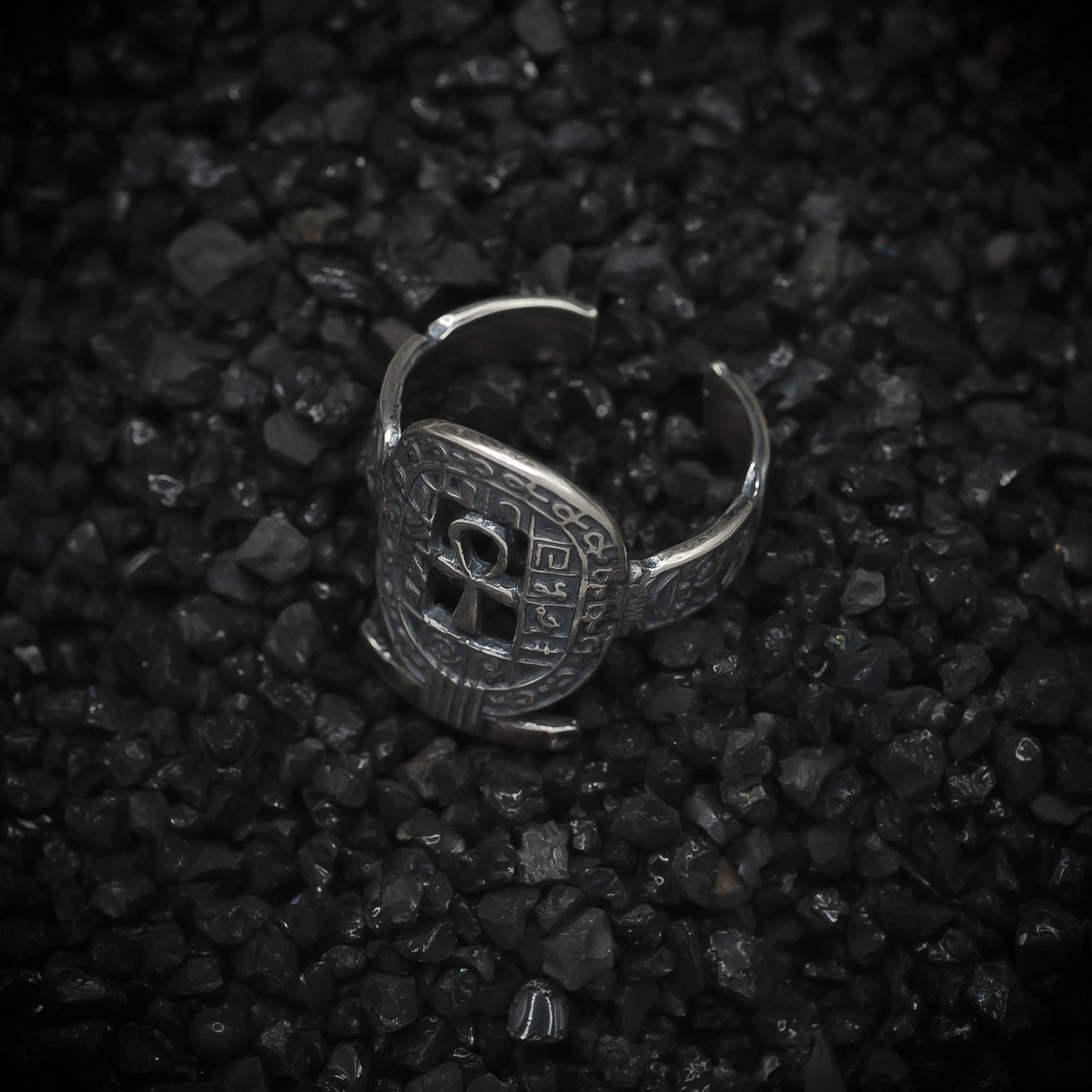 Ankh Key of Eternal Life Ring Hieroglyphics Ancient Egyptian | 925 Sterling Silver, Oxidized or 18K Gold Plated | Adjustable Size - HarperCrown