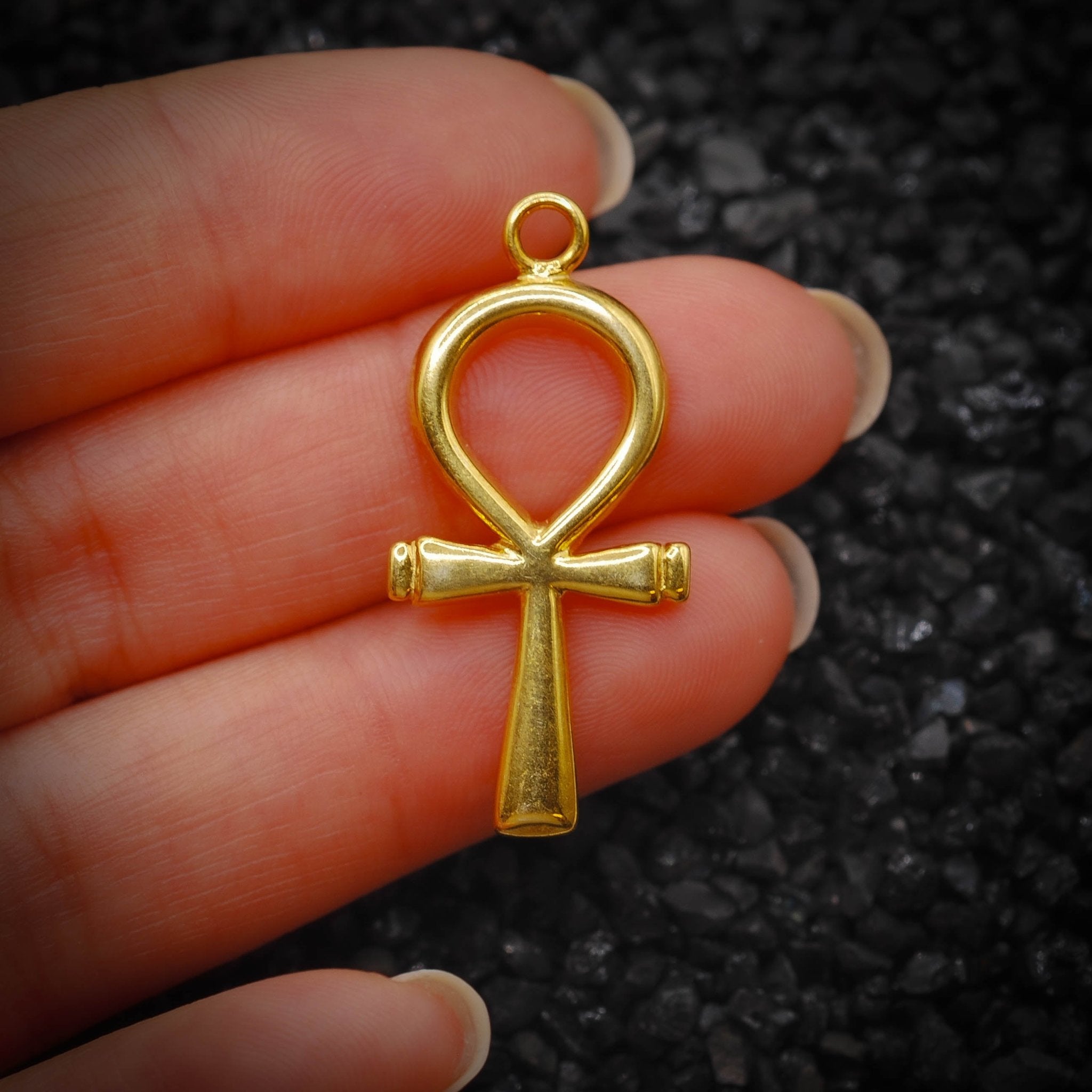 Ankh Key of Eternal Life Smooth Hieroglyphics Ancient Egyptian Charm | 14K Solid Gold | Jewelry Making Pendant - HarperCrown