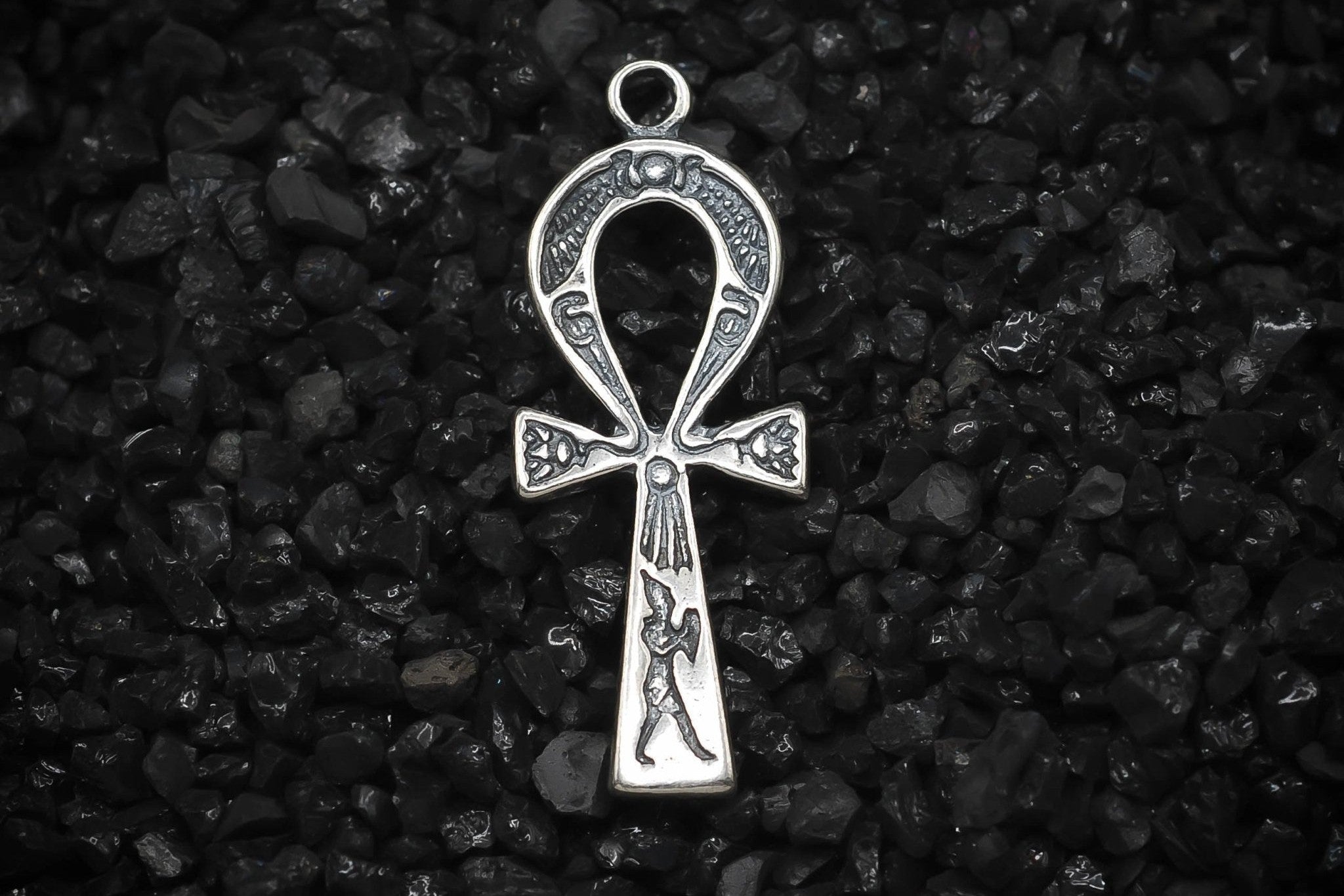 Ankh Key of Eternal Life with Lotus Hieroglyphics Ancient Egyptian Charm | 925 Sterling Silver, Oxidized or 18K Gold Plated | Jewelry Making Pendant - HarperCrown