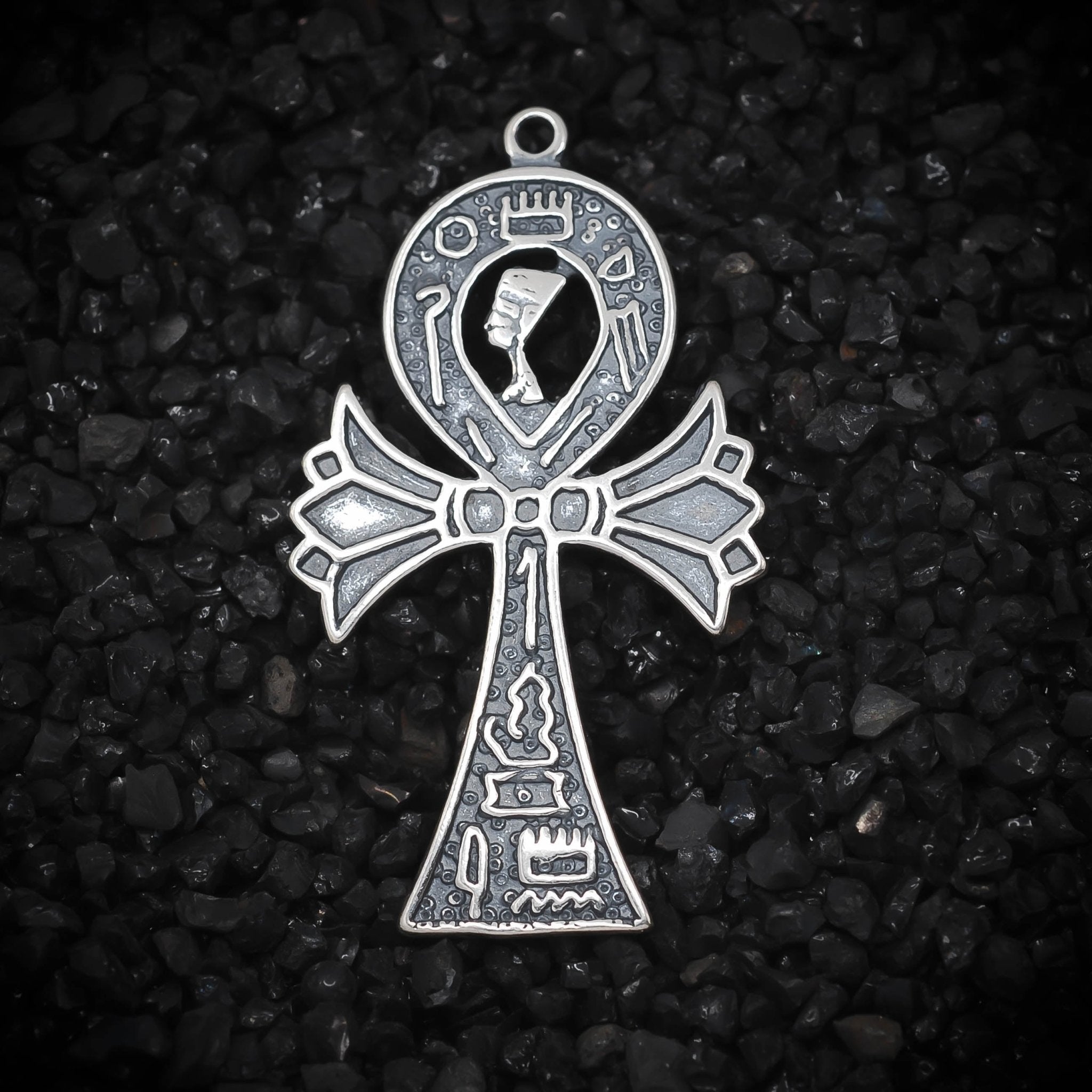 Ankh Key of Eternal Life with Nefertiti Queen Hieroglyphics Ancient Egyptian Charm | 925 Sterling Silver, Oxidized or 18K Gold Plated | Jewelry Making Pendant - HarperCrown
