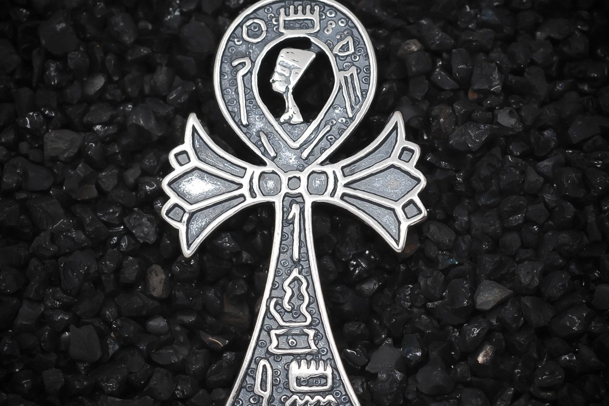 Ankh Key of Eternal Life with Nefertiti Queen Hieroglyphics Ancient Egyptian Charm | 925 Sterling Silver, Oxidized or 18K Gold Plated | Jewelry Making Pendant - HarperCrown