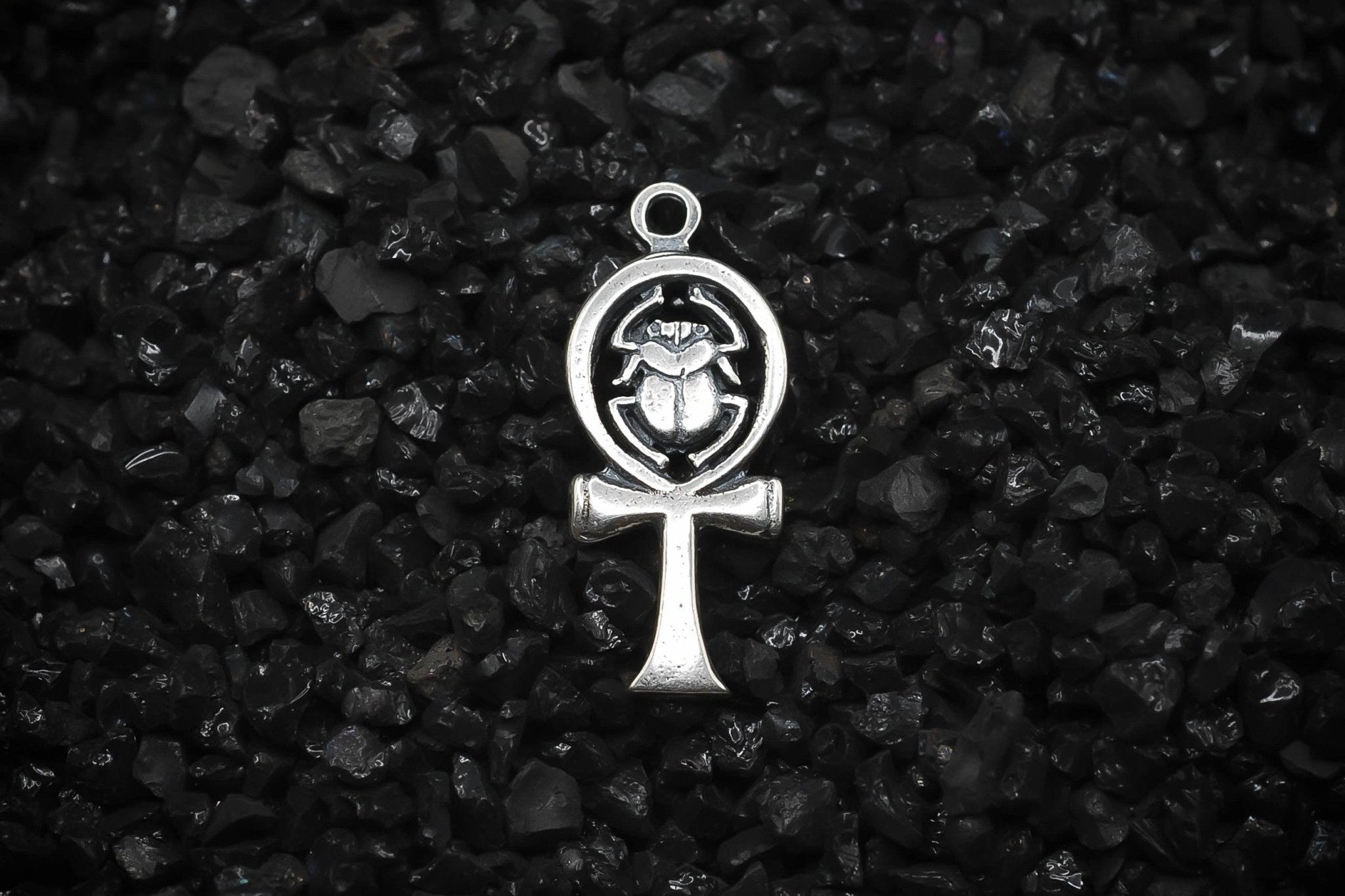 Ankh Key of Eternal Life with Scarab Beetle Ancient Egyptian Charm | 925 Sterling Silver, Oxidized or 18K Gold Plated | Jewelry Making Pendant - HarperCrown