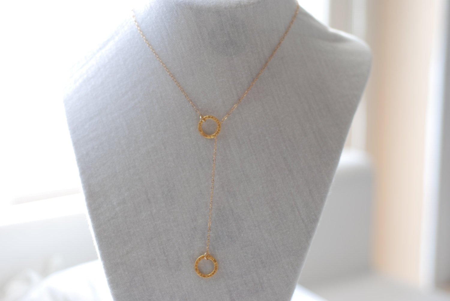 Circle Lariat Necklace- Gold Lariat Necklace, Two circles Necklace, Round Lariat Necklace Chain, Dainty Jewelry by HeirloomEnvy - HarperCrown