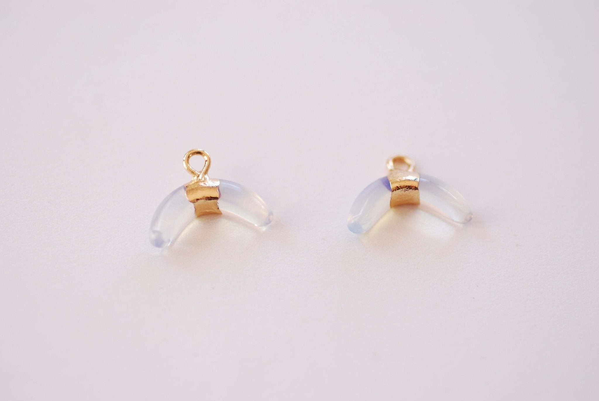 Crescent Moon Opalite Charm - 16k Gold Plated Brass Opal Moonstone Double Horn Tusk Wholesale Charms B135 - HarperCrown