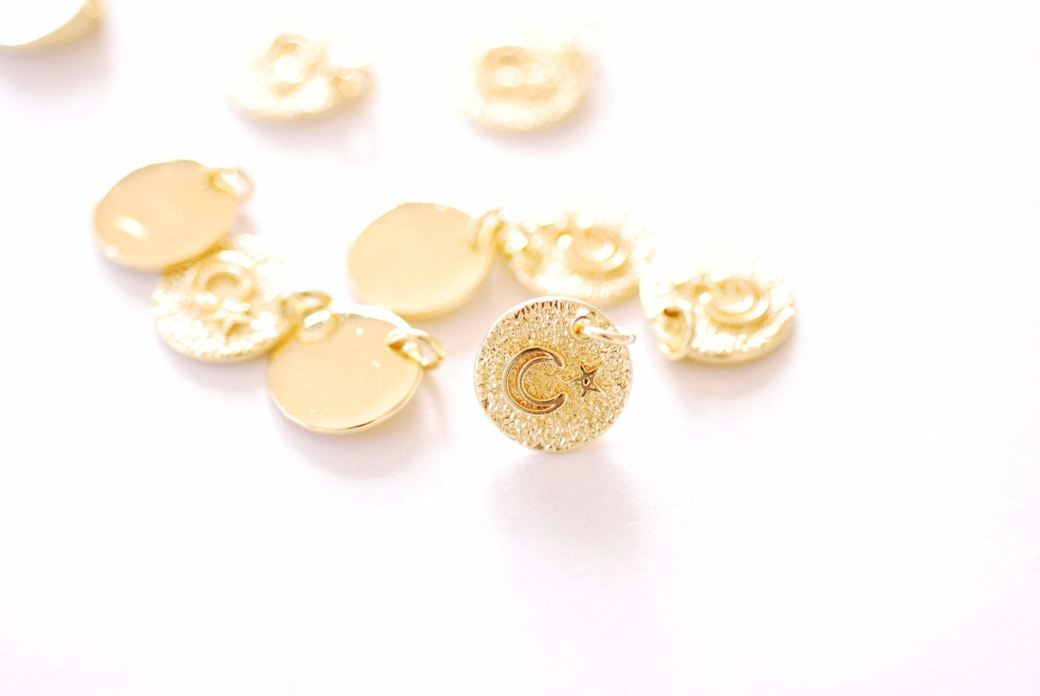 Crescent Moon Star Charm - 16k Gold Plated Brass Half Moon Waning Eclipse Star Night Celestial Circle Disc Textured Wholesale Charms B261 - HarperCrown