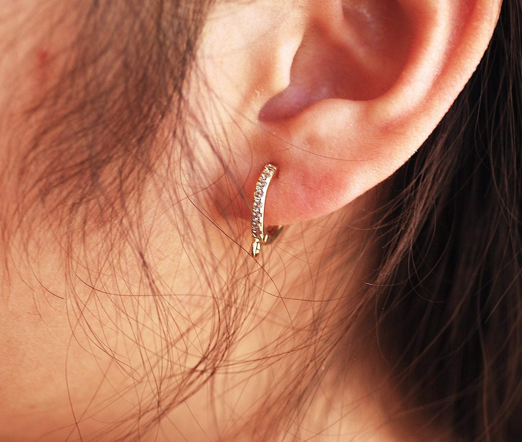 Cuff Huggie Dainty Shiny Circle Hoop Conch Charm Earring - Brass 16K Gold Plated Cubic Zirconia Micro Pave CZ Crystals B240 - HarperCrown