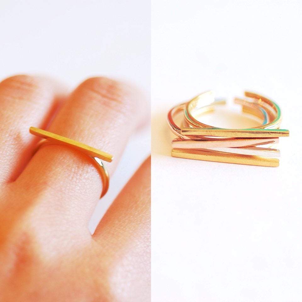 Dainty Bar Ring - Stackable Ring, Adjustable Ring, Choose Sterling Silver, Gold, Rose Gold, Parallel Bar Ring, Minimalist Ring, Line Ring - HarperCrown