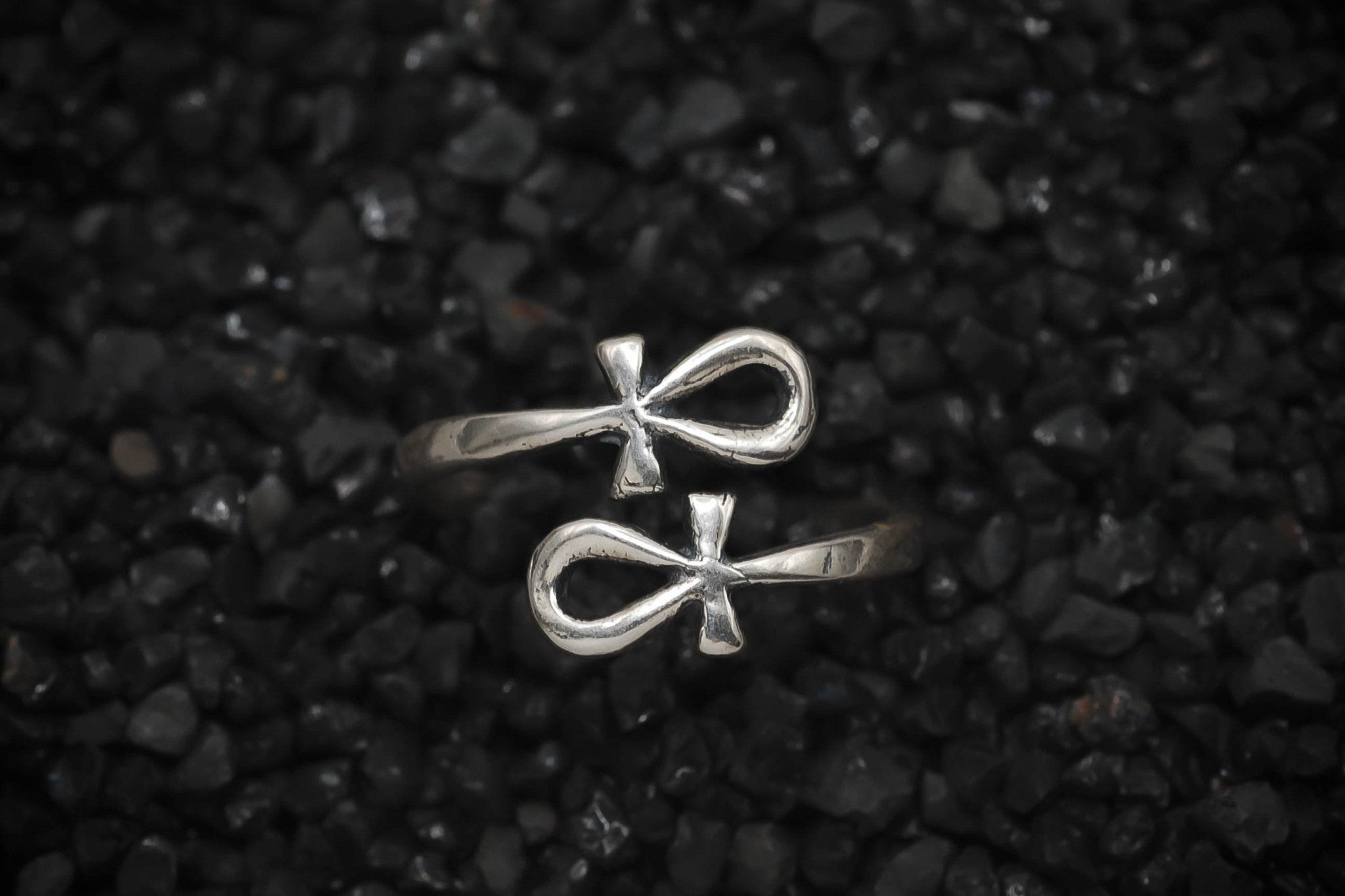 Double Ankh Ring Wrap Band Ancient Egyptian | 925 Sterling Silver, Oxidized or 18K Gold Plated | Adjustable Size - HarperCrown