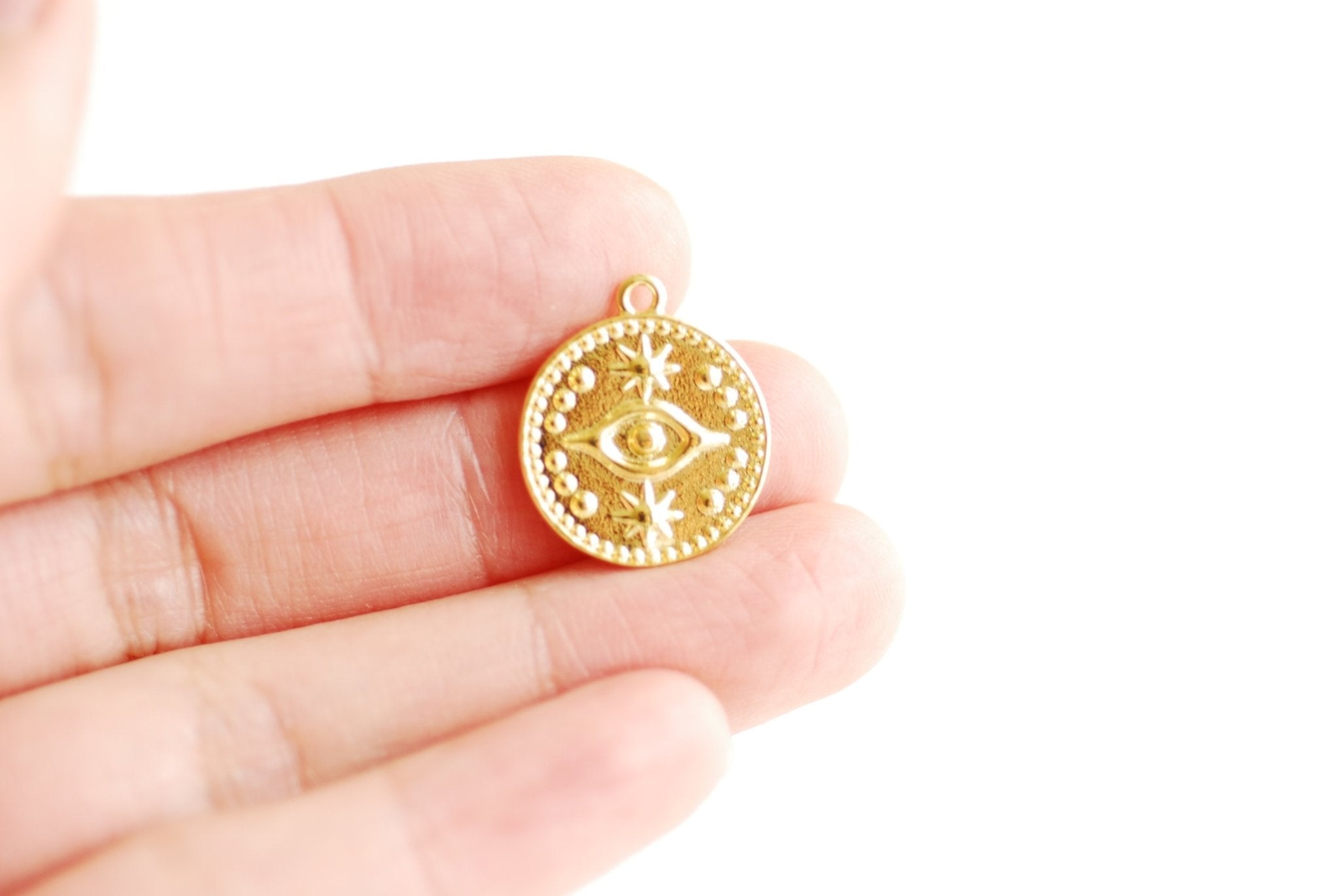 Evil Eye Circle Disc Charm- Vermeil 18k gold plated vermeil or sterling silver 17mm eye of Ra, Yoga Round Charm, Evil Eye Pendant, 479 - HarperCrown