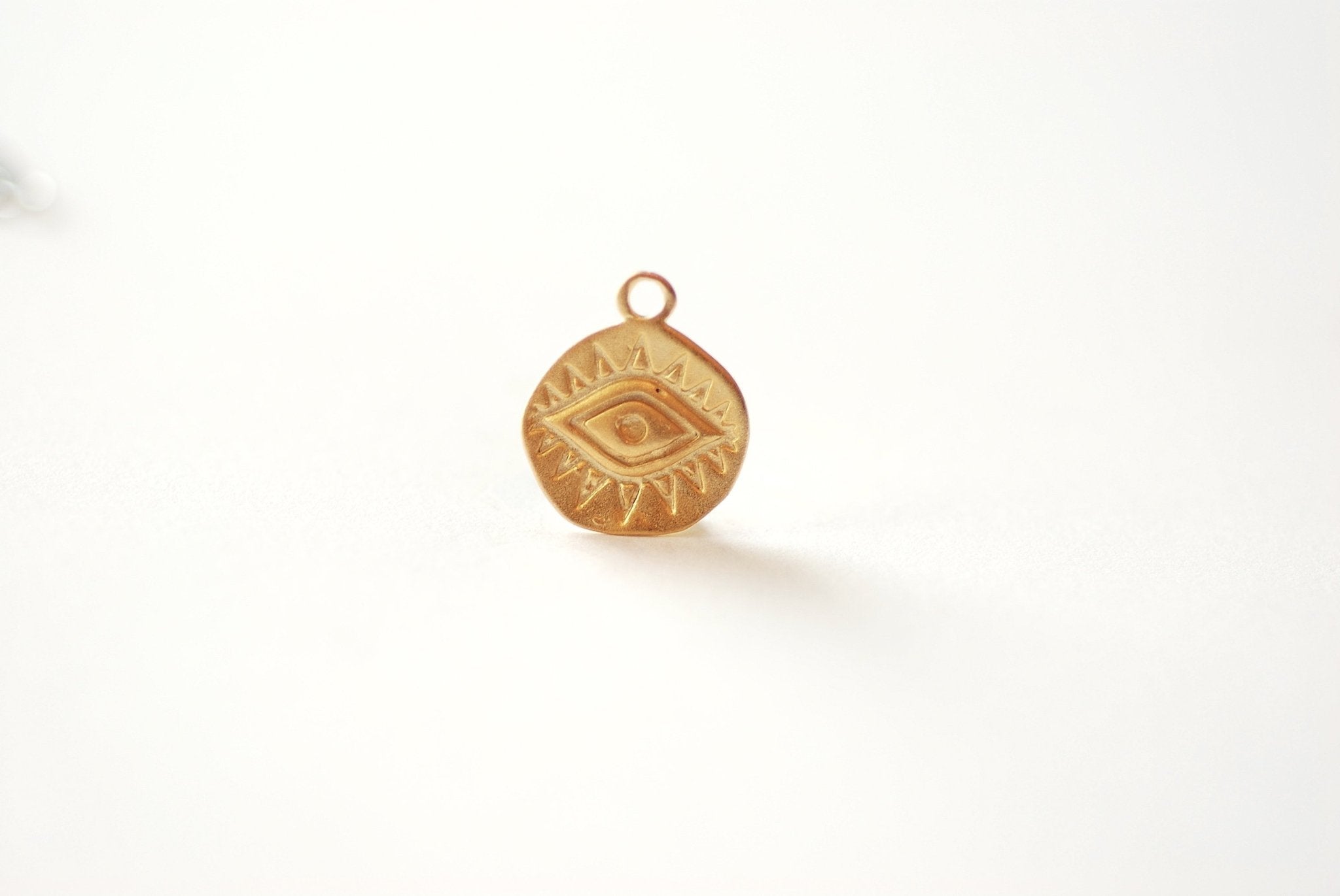 Evil Eye Coin Charm - 18k Gold plated over 925 Sterling Silver, Gold Round Evil Eye Charm, Protection Eye of Ra, Greek Coin, Luck Charm,J316 - HarperCrown