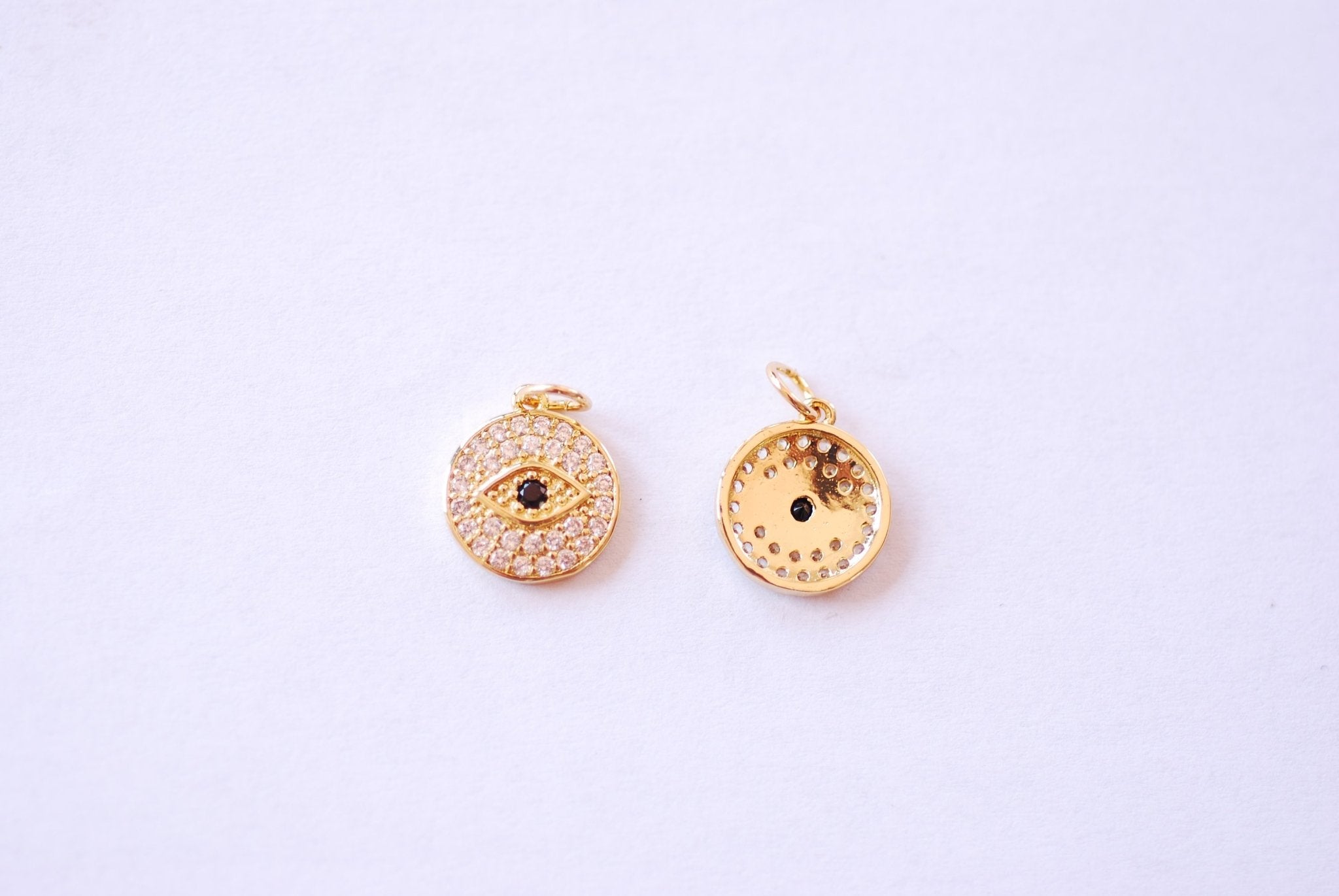 Evil Eye Micro Pave Sapphire Blue CZ Disc Charm - Eye of Ra Yoga Ohm Meditation Hamsa Cubic Zirconia HarperCrown Wholesale Pendants B208 - HarperCrown