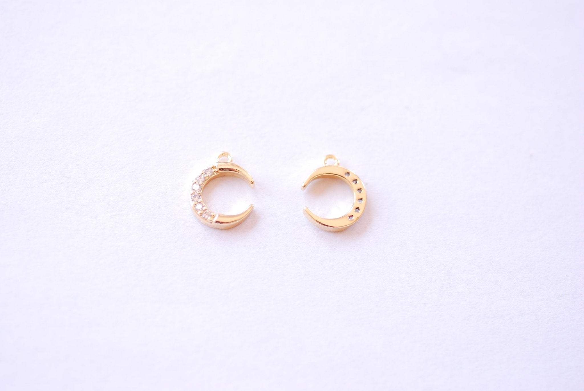 Gold Cubic Zirconia Crescent Moon Charm - 16k Gold Plated Brass Micro Pave Half Moon Night Celestial Wholesale B179 - HarperCrown