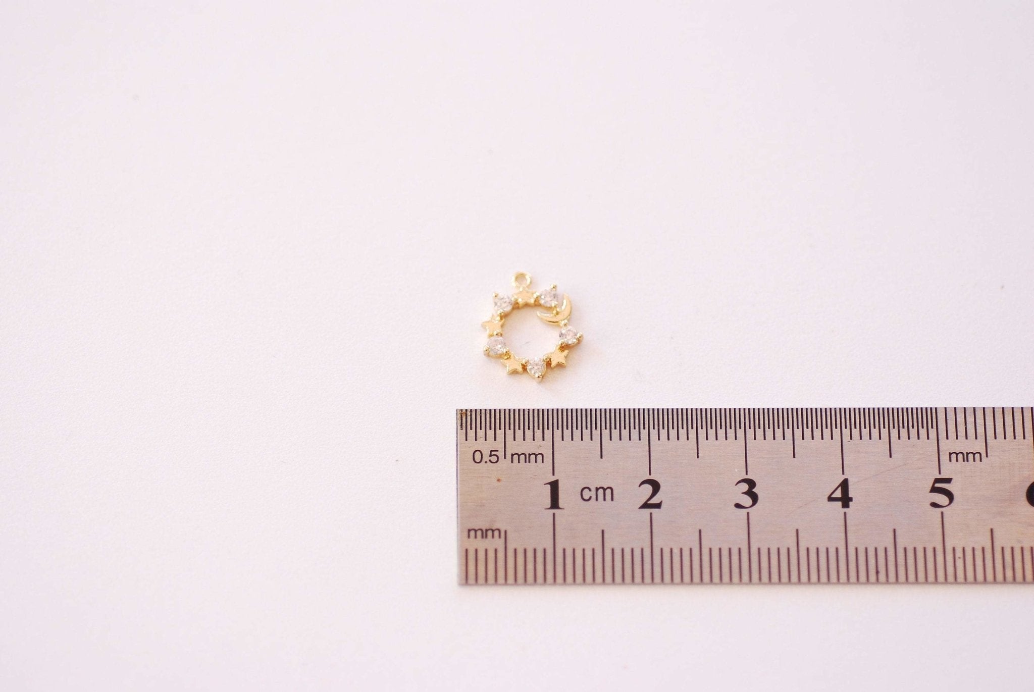 Gold Cubic Zirconia Crescent Moon with Stars Charm - 16k Gold Plated Brass Micro Pave Half Moon Celestial Connected Stars Wholesale B153 - HarperCrown