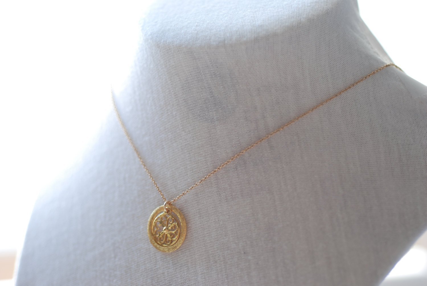 Gold Disc Necklace- Layering Disc Layering Necklace, Gold Filigree Necklace, Round Circle Pendant, Dainty Necklace by Heirloomenvy - HarperCrown
