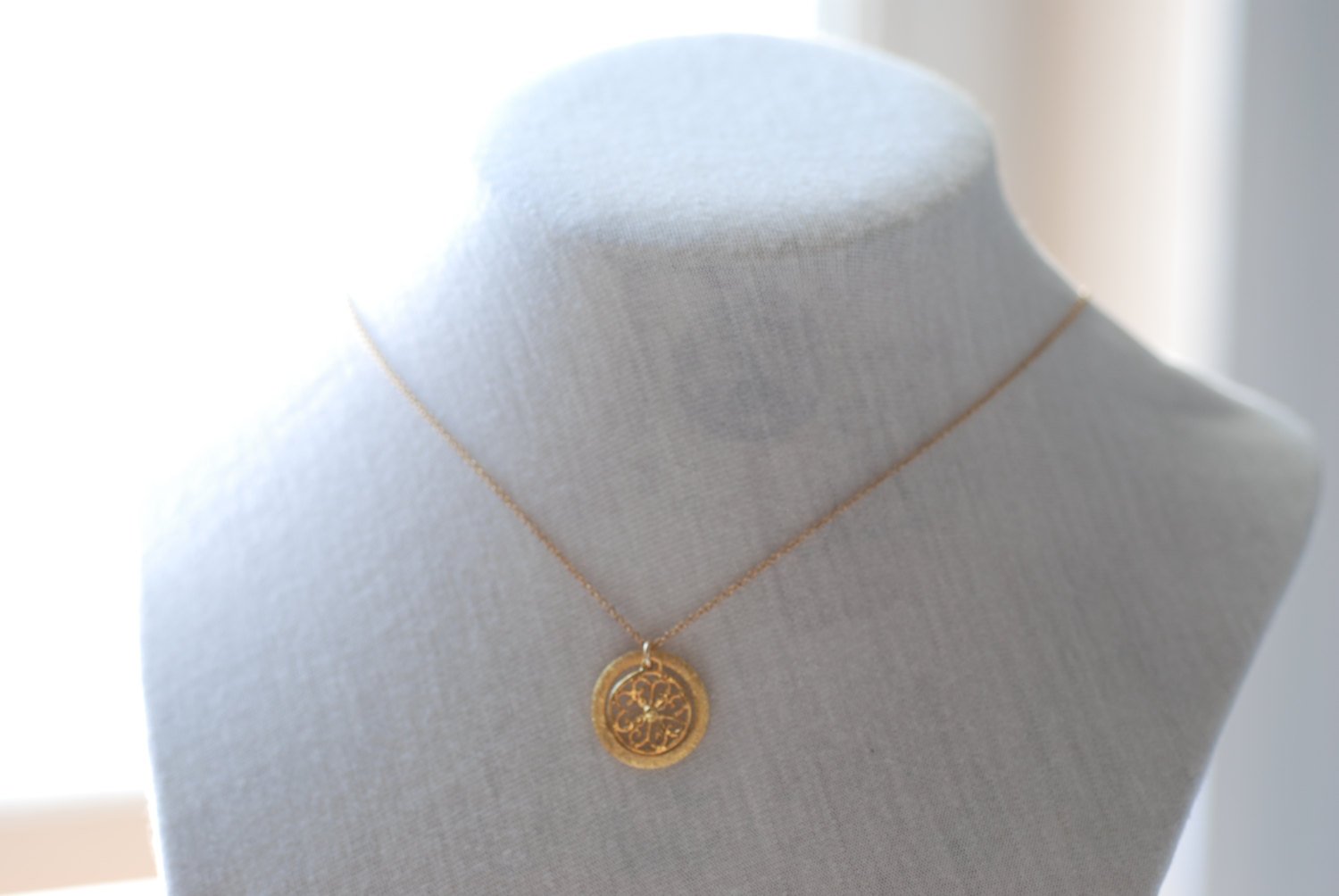 Gold Disc Necklace- Layering Disc Layering Necklace, Gold Filigree Necklace, Round Circle Pendant, Dainty Necklace by Heirloomenvy - HarperCrown