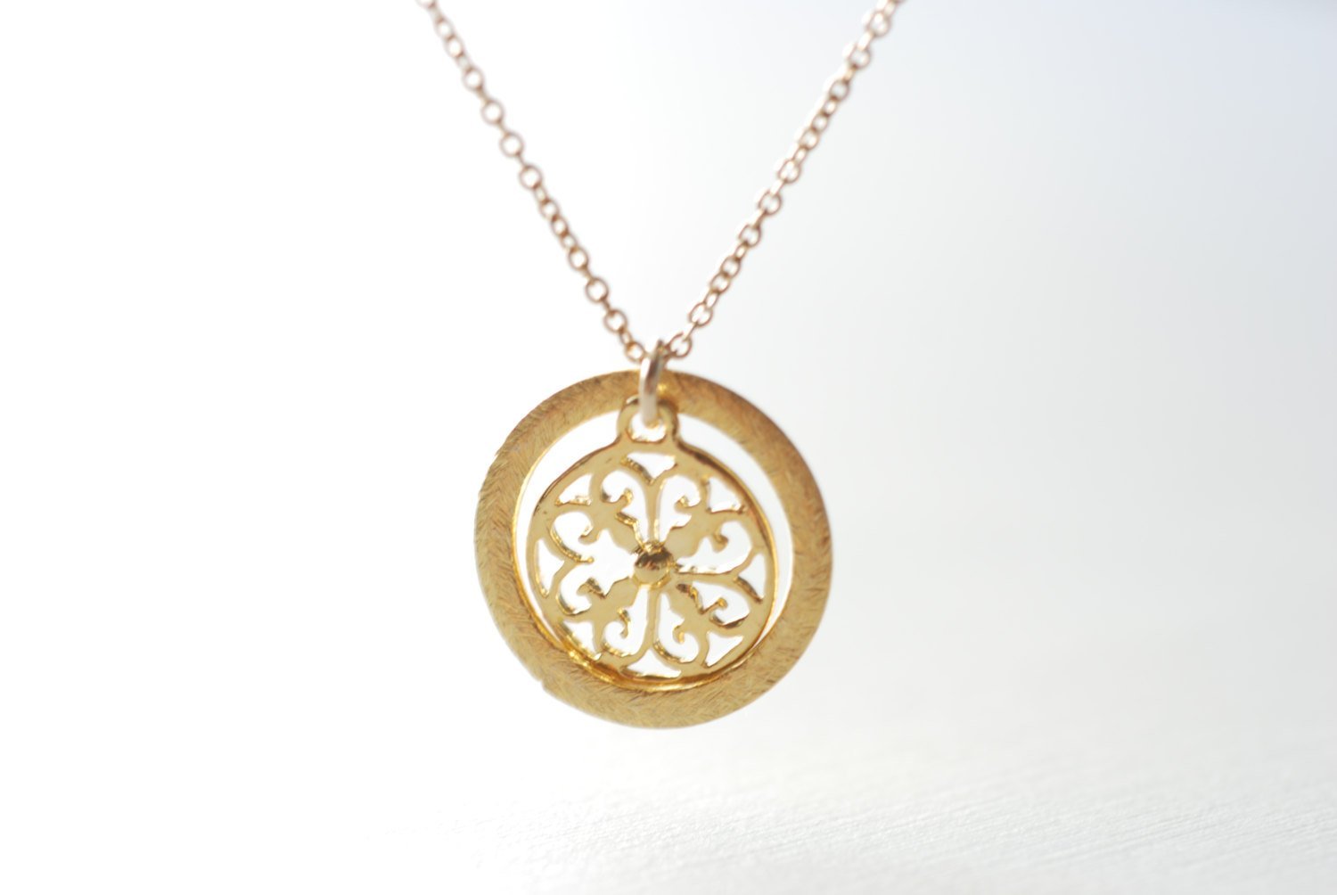 Gold Disc Necklace- Layering Disc Layering Necklace, Gold Filigree Necklace, Round Circle Pendant, Dainty Necklace by Heirloomenvy - HarperCrown