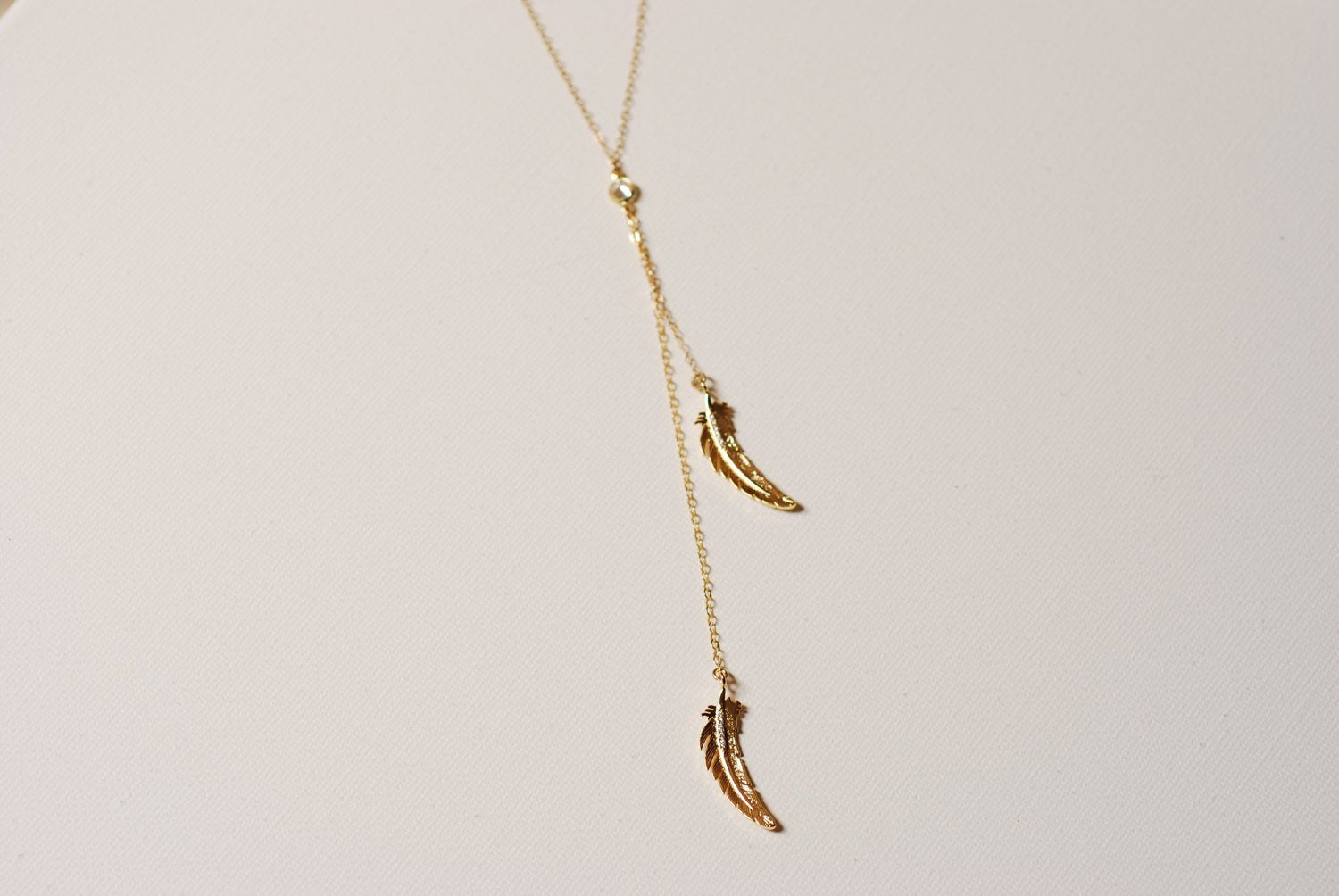 Gold Double Feather Lariat Necklace, 16k gold Feathers,Cubic Zirconia Feathers,Tribal Feathers Necklace,Feather Lariat,gold feather necklace - HarperCrown