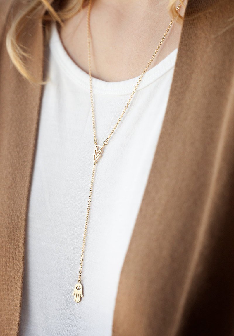 Lariat Hand Necklace Gold Handmade By HeirloomEnvy Gold Lariat Necklace  With Triangle And