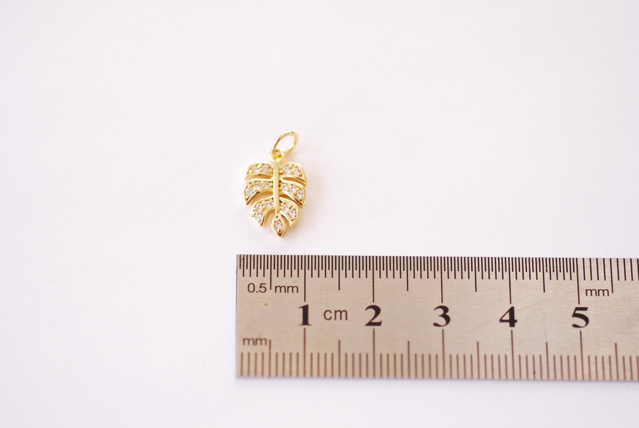 Gold Micro Pave Monstera Leaf Charm - 16k gold plated over Brass Monstera Tropical Leaf with Rhinestones HarperCrown Wholesale Charms B117 - HarperCrown