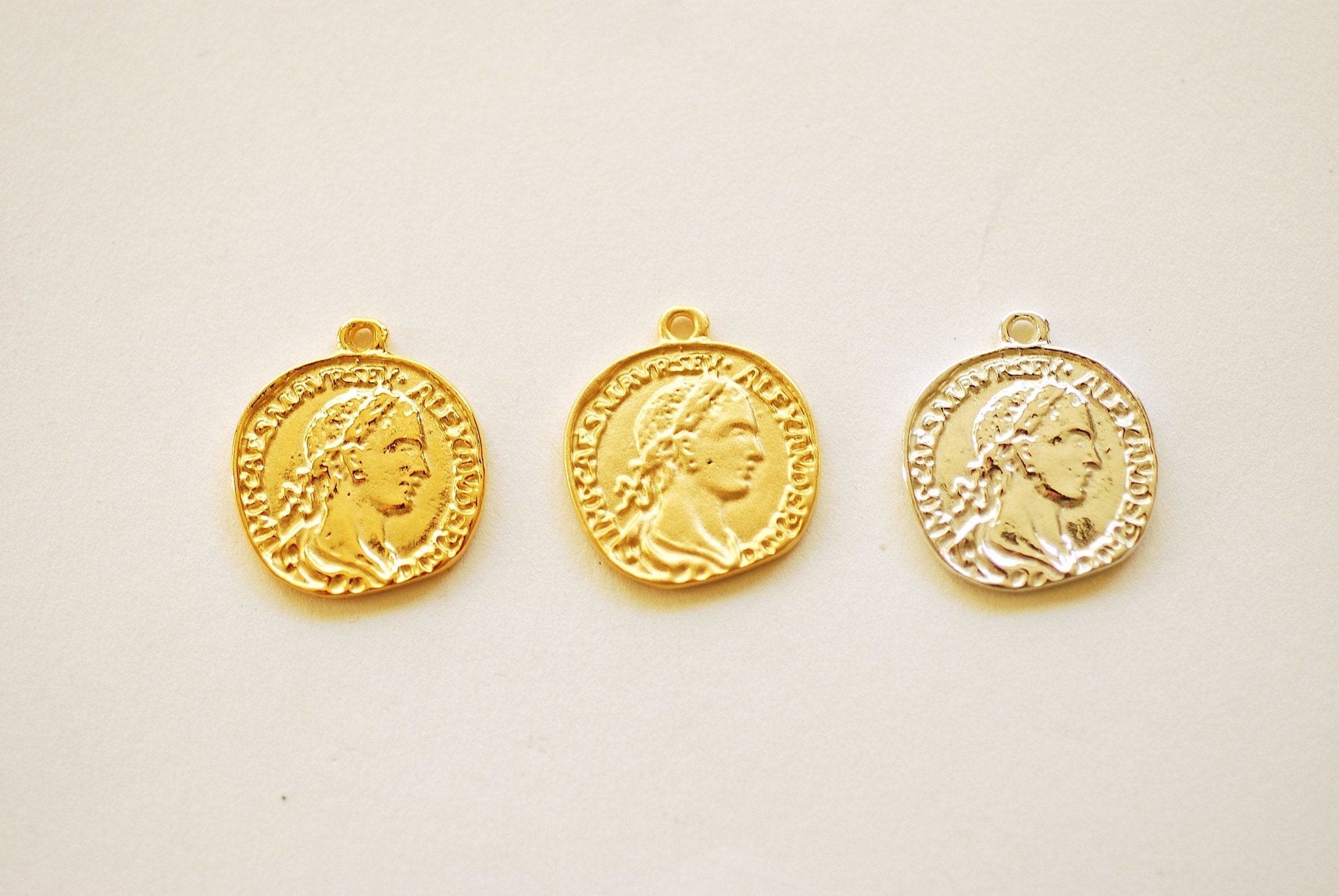 Greek Coin Charm Pendant- Vermeil Gold 22k Gold plated over 925 Sterling Silver, Greek Coins, Spanish Coins, Ancient Roman Coin, Medallion - HarperCrown