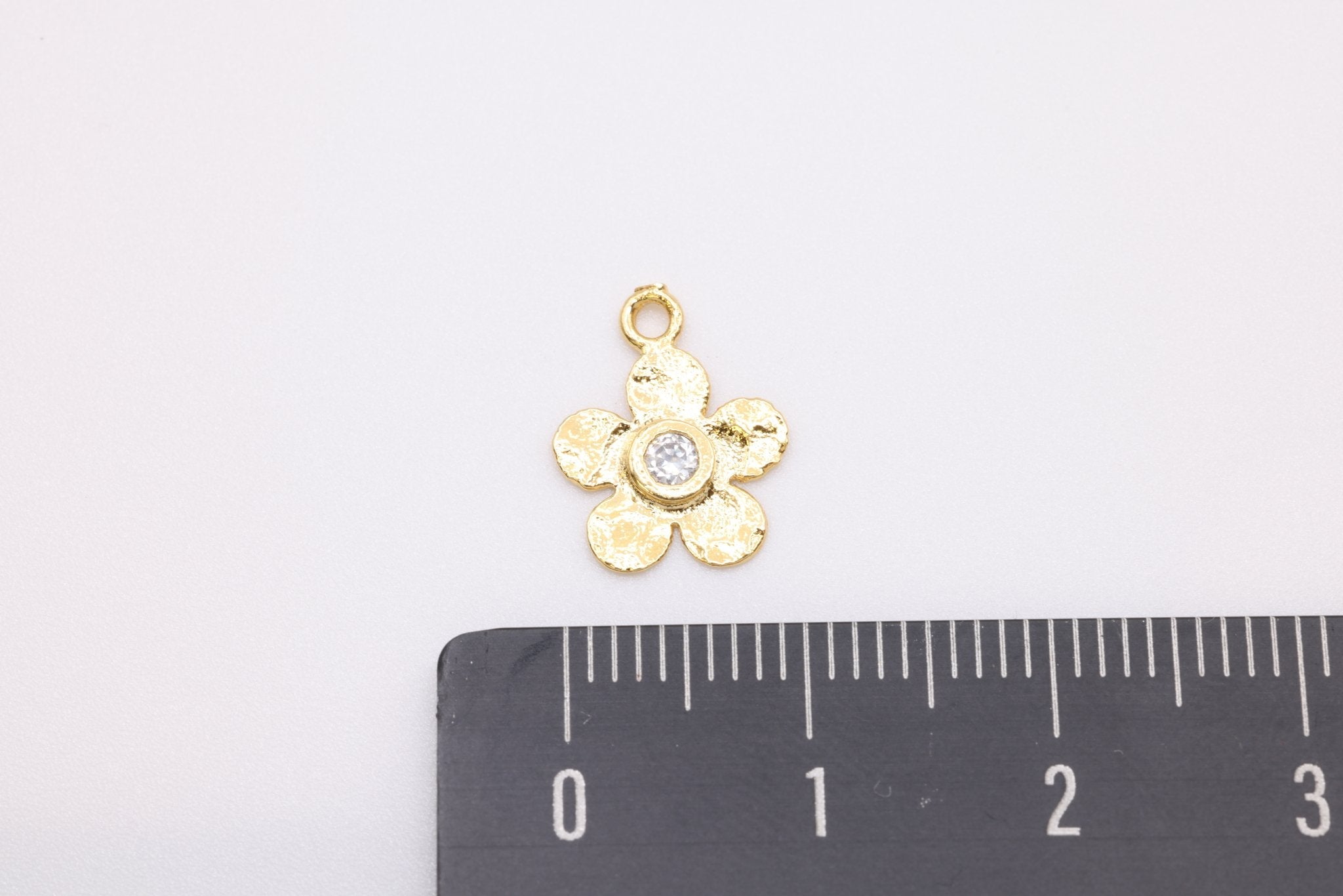 Hammered Flower with CZ Charm Wholesale 14K Gold, Solid 14K Gold, 349G - HarperCrown