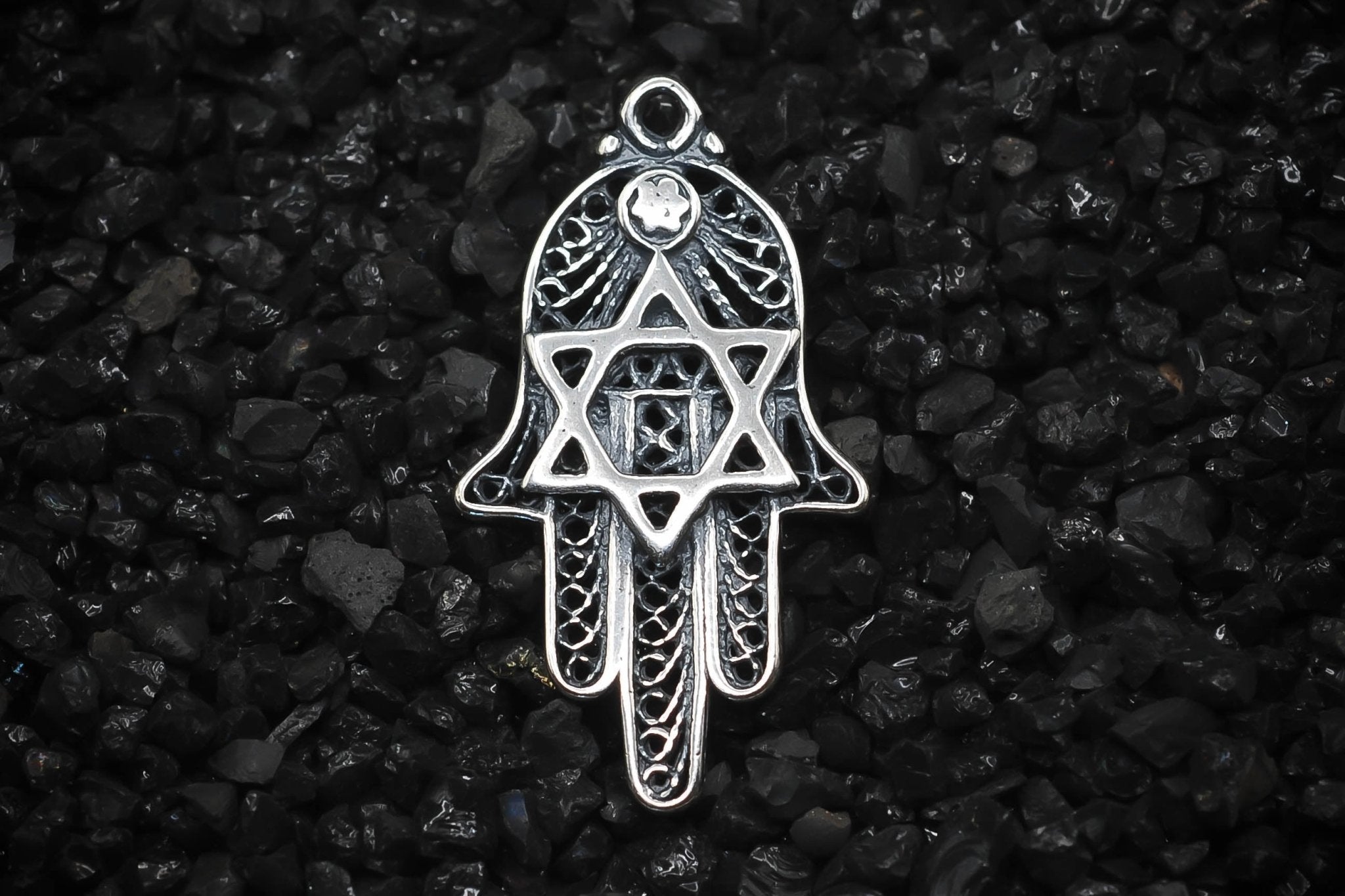 Hamsa Hand Amulet Mesh Hand of God Charm | 925 Sterling Silver, Oxidized or 18K Gold Plated | Jewelry Making Pendant - HarperCrown