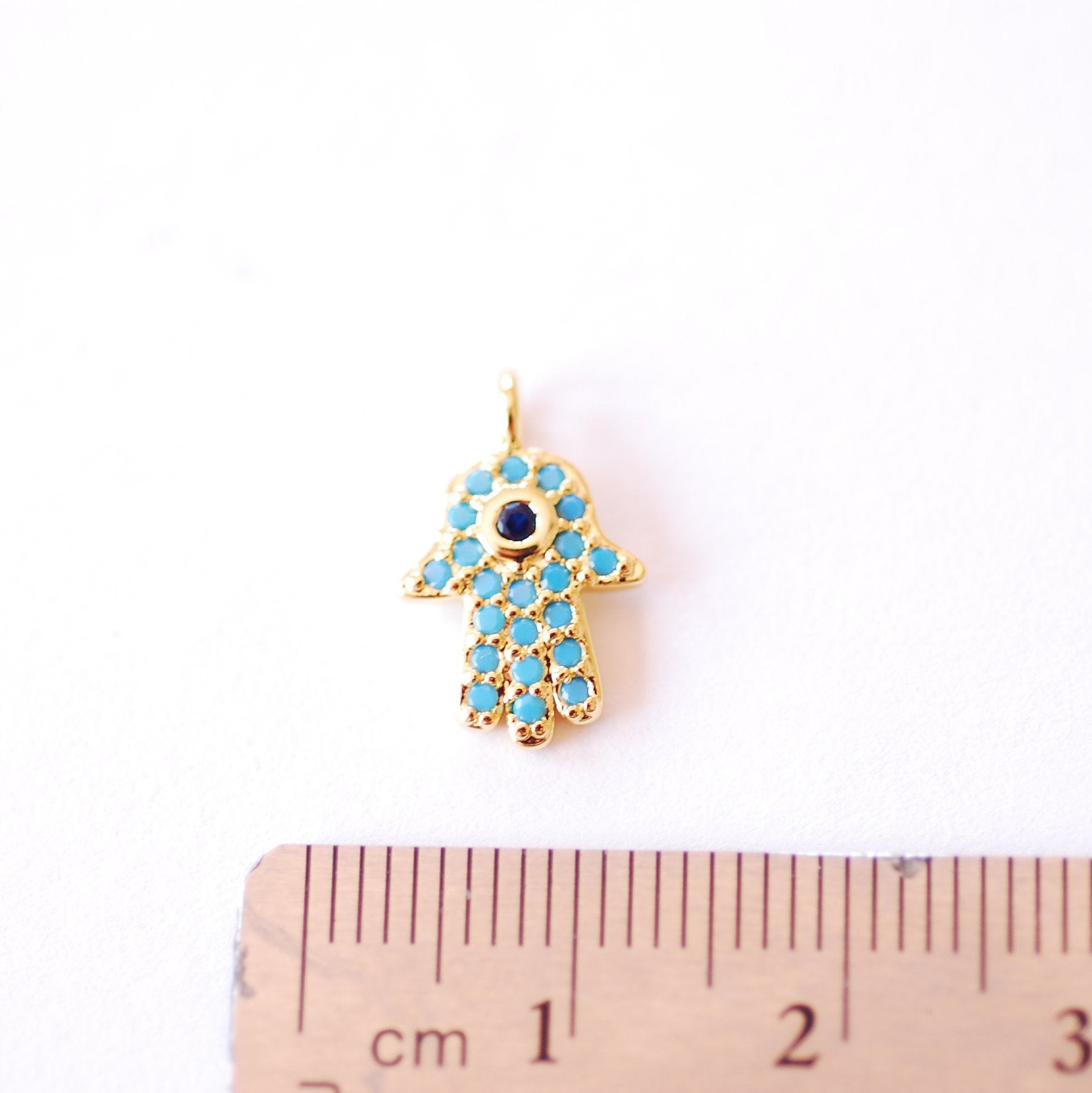 Hamsa Hand Micro Pave CZ Round Textured Charm | 16K Gold Plated Brass Cubic Zirconia | Hand of Fatima Yoga Ohm Evil Eye Turquoise B323 - HarperCrown