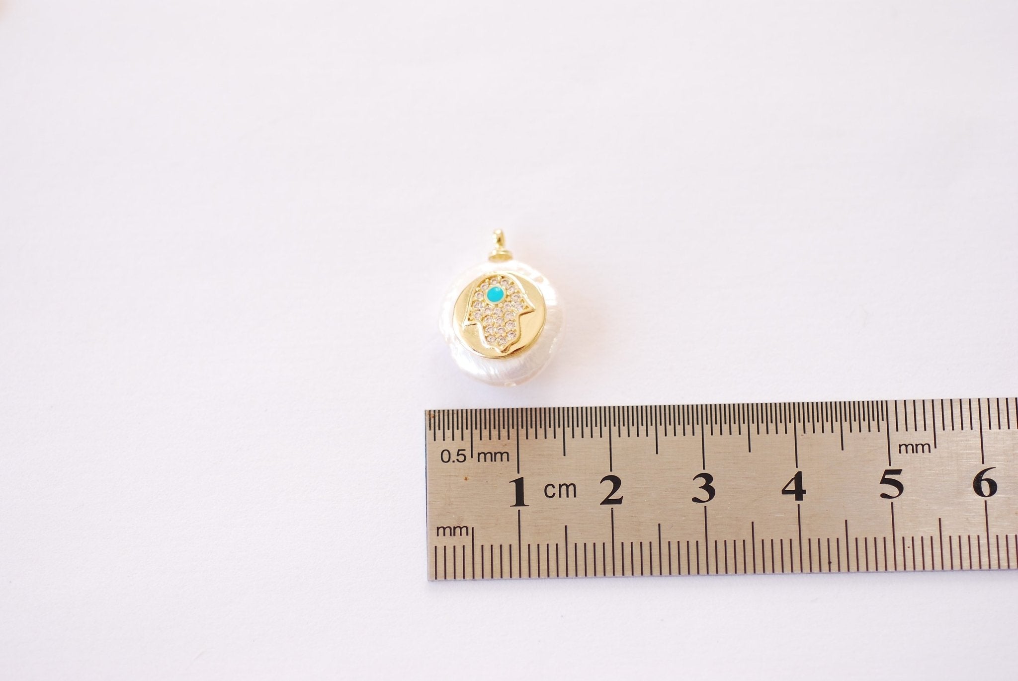 Hamsa Hand Micro Pave CZ Turquoise Natural Pearl Charm - Pearl Cubic Zirconia Hand of Fatima HarperCrown Wholesale Charms B131 - HarperCrown