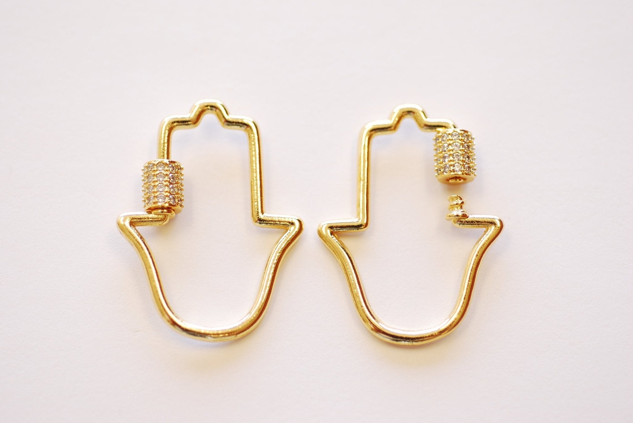 Hamsa Hand Ohm Screw Carabiner Clasp Lock Charm - 16k gold plated over Brass Micro Pave Star CZ Cubic Zirconia HarperCrown Wholesale B275 - HarperCrown