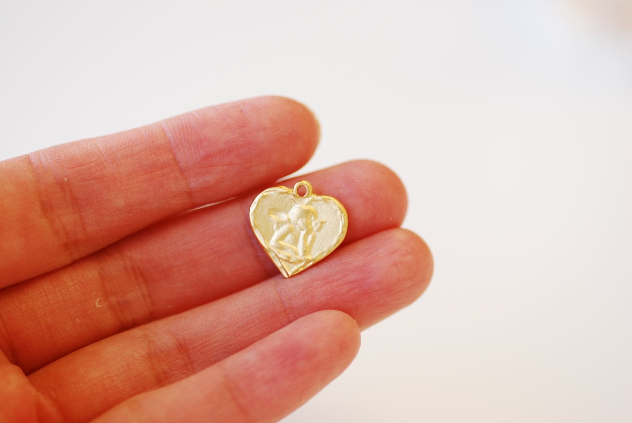 Heart Cherubic Angel Charm - Vermeil 18k gold plated over 925 Sterling Silver, Heart shaped Angel Pendant, Angel Wings, Cupid Charm, J400 - HarperCrown
