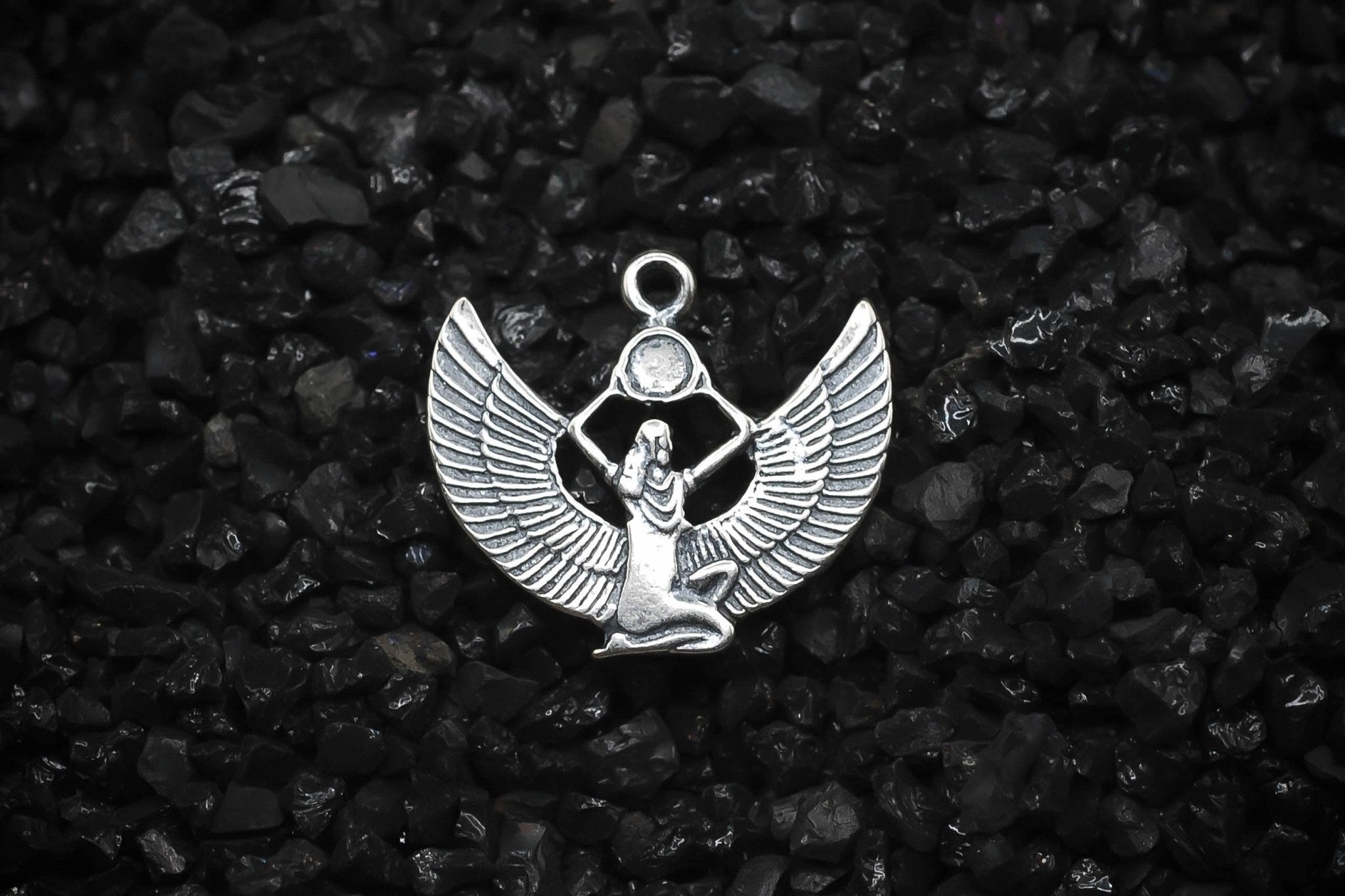 Isis Nut Charm Winged Goddess of the Sky Ancient Egyptian | 925 Sterling Silver, Oxidized | Jewelry Making Pendant - HarperCrown