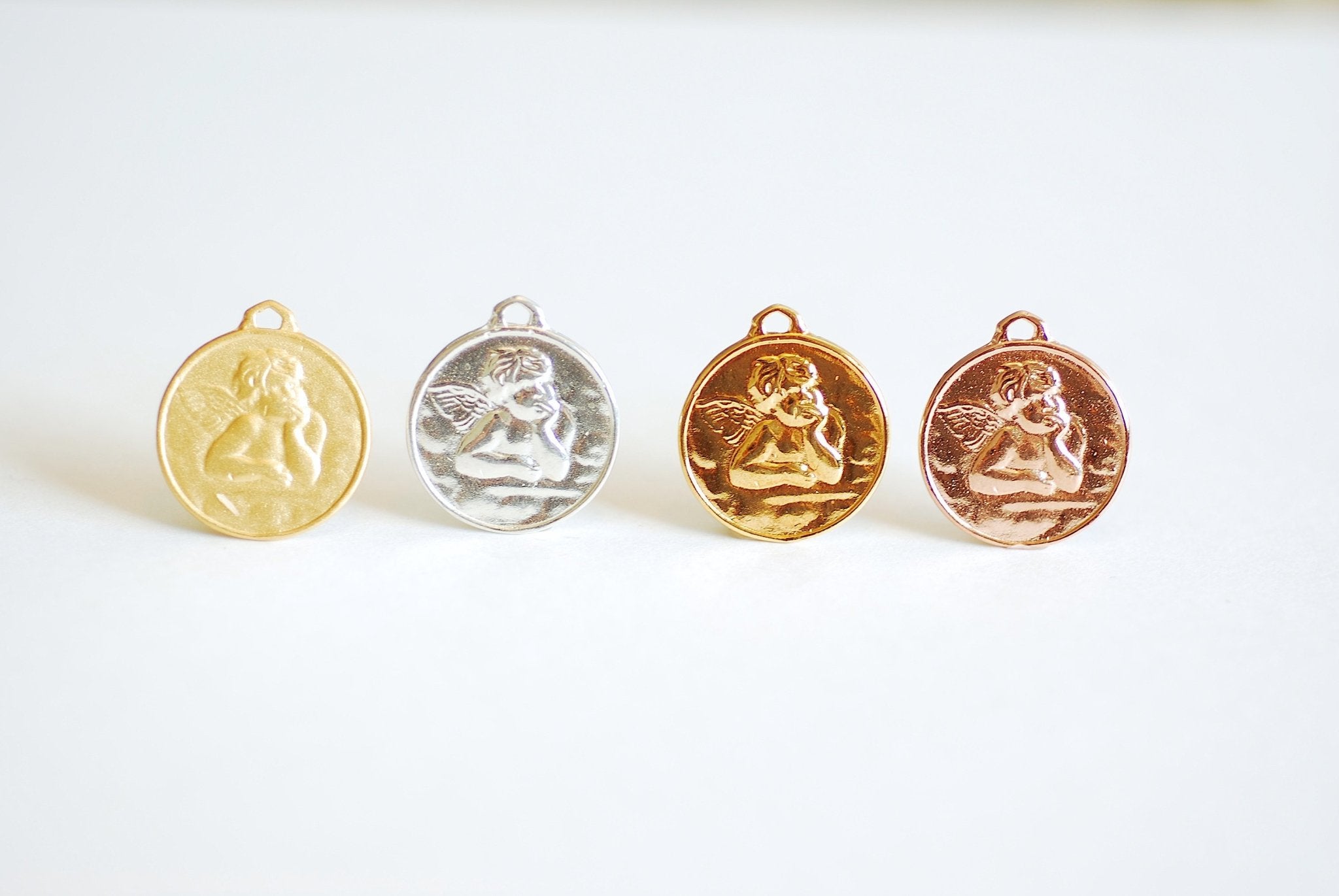 Large Angel Face Vermeil Gold Round Charm - gold disc, angelic cupid with wings pendant, circle disk, Angel Charm Pendant, Coin Charm, 408 - HarperCrown